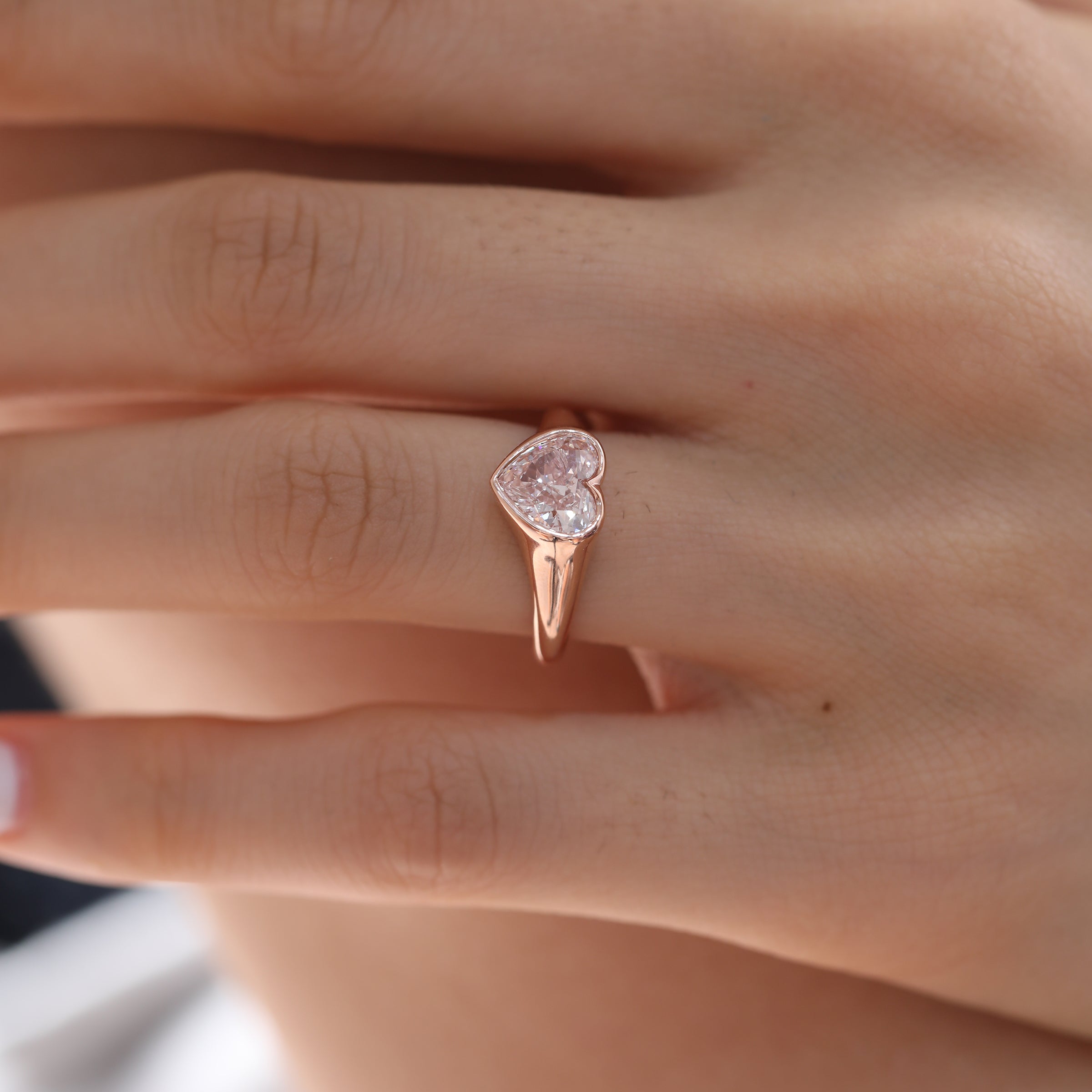 14K Rose Gold 1ct Heart Cut Pink Lab Diamond Bezel Solitaire Ring