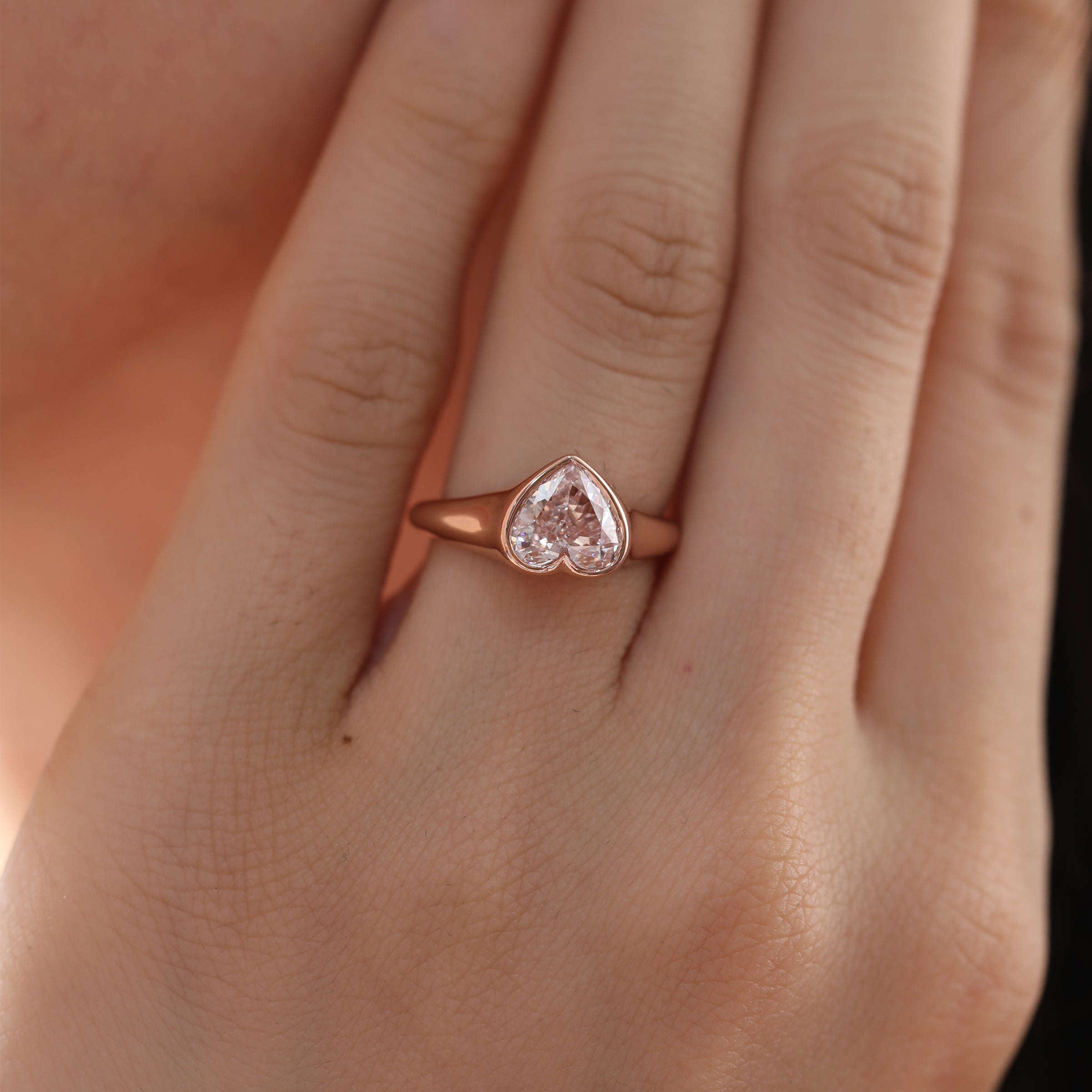 14K Rose Gold 1ct Heart Cut Pink Lab Diamond Bezel Solitaire Ring