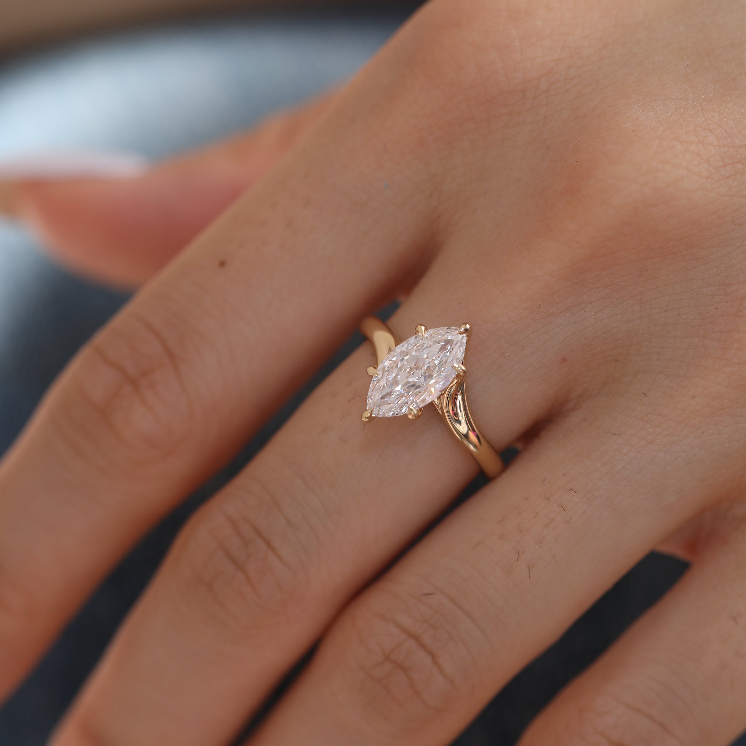 Marquise Cut Lab Diamond Six Claw Prongs Solitaire Ring — Art Nouveau Nature-Inspired