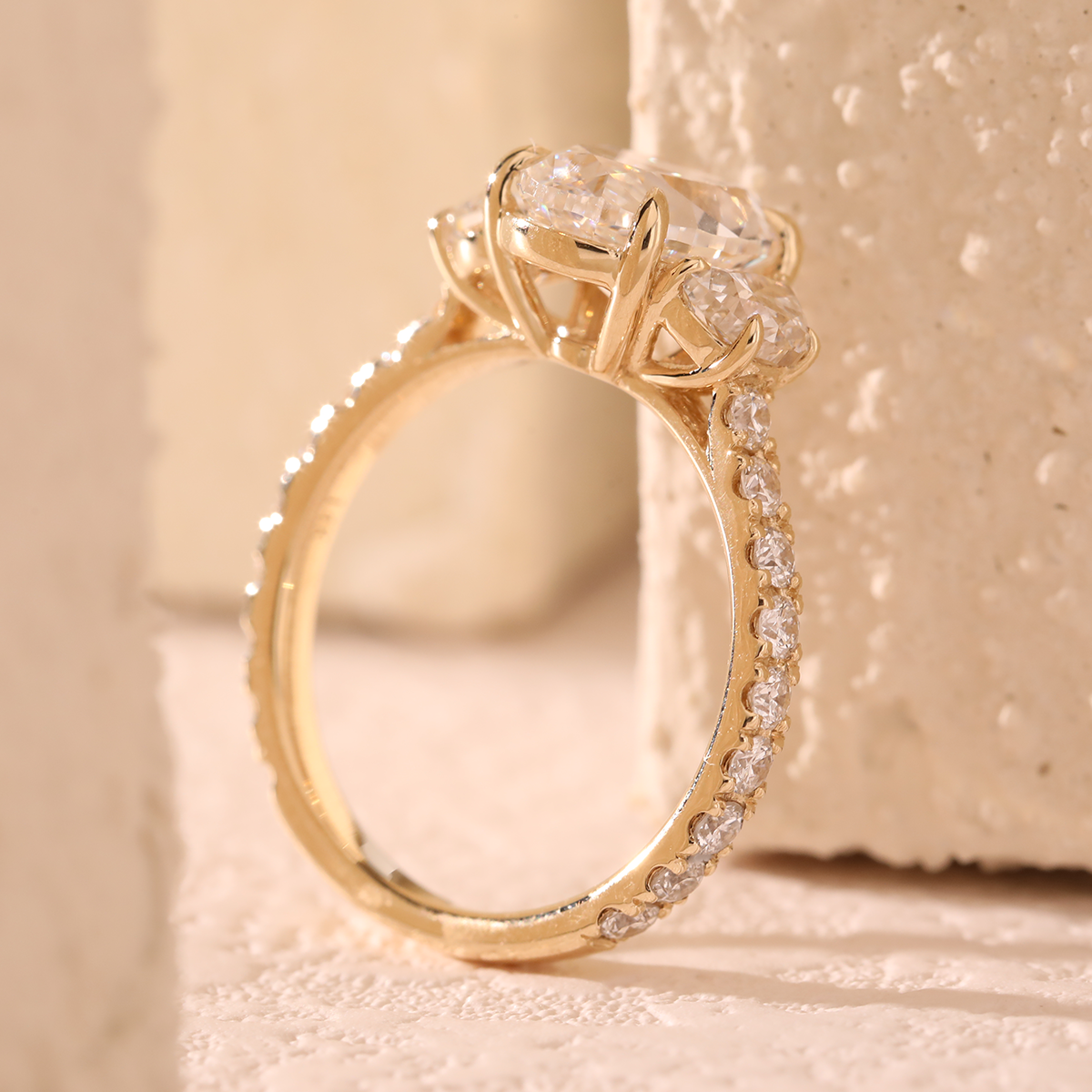 14K Yellow Gold 2ct Oval Lab Diamond Vintage Ring with Half Moon and Round Lab Diamond Side-stones Pave