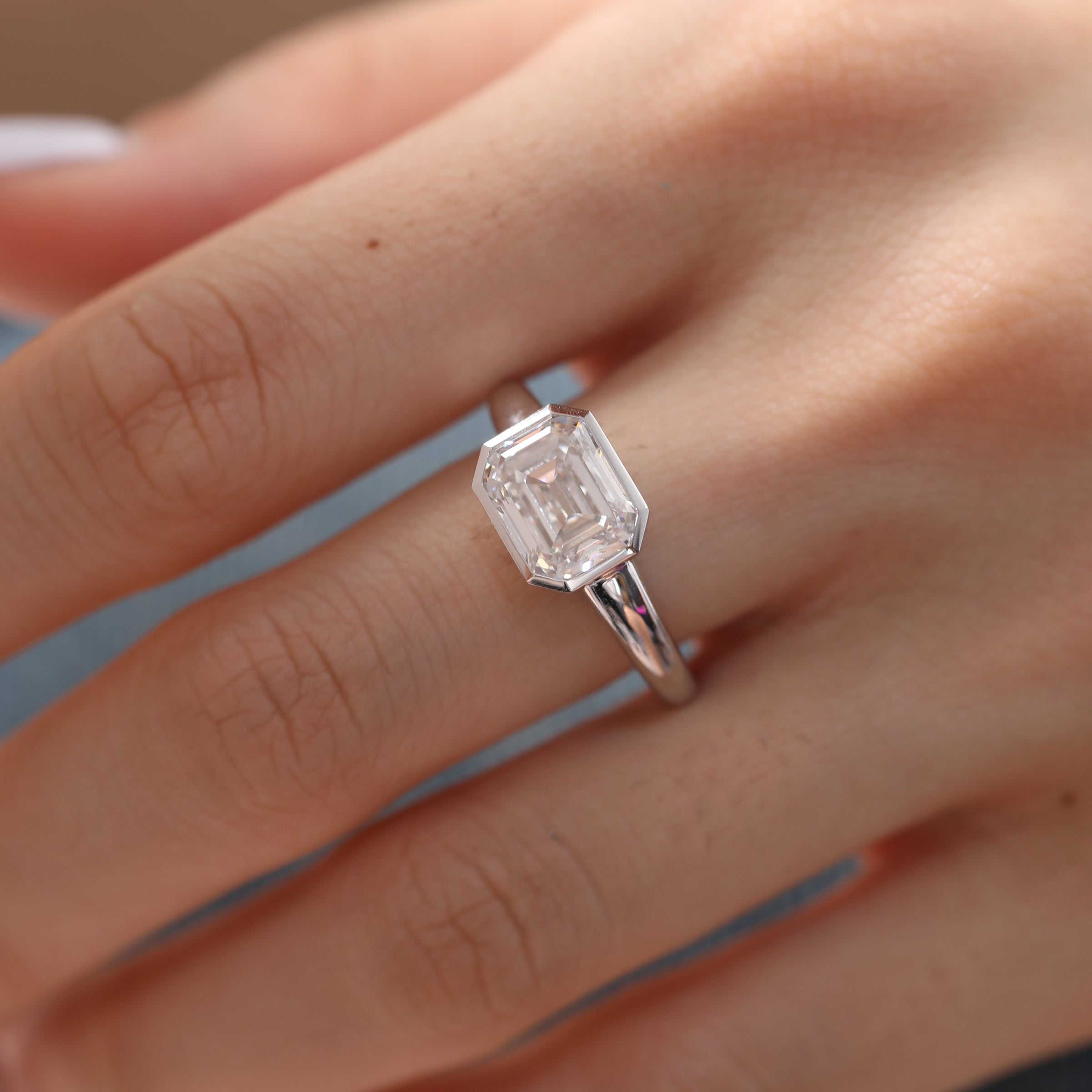 Platinum 3ct Antique Emerald Cut Lab Diamond Bezel Basket Solitaire Ring