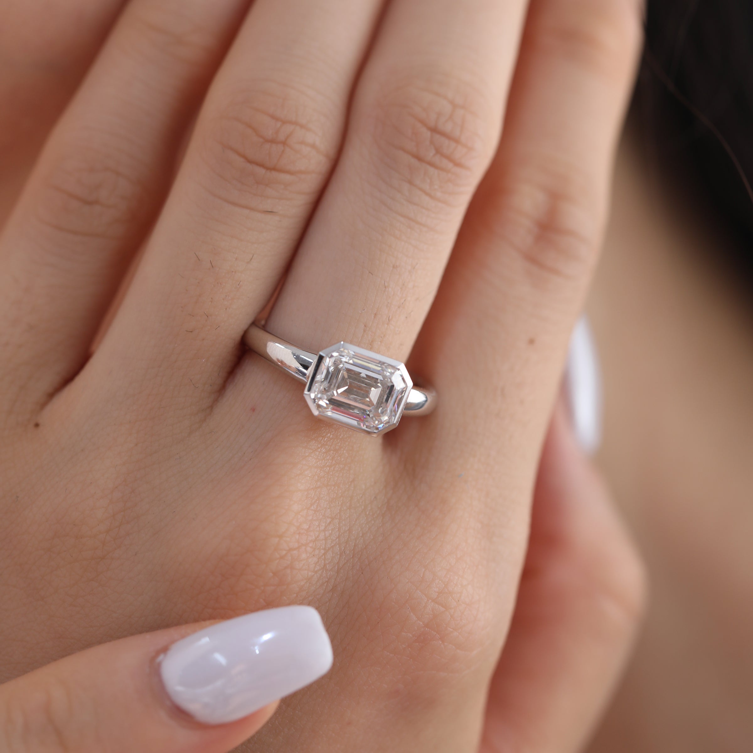 Platinum 3ct Antique Emerald Cut Lab Diamond Bezel Basket Solitaire Ring