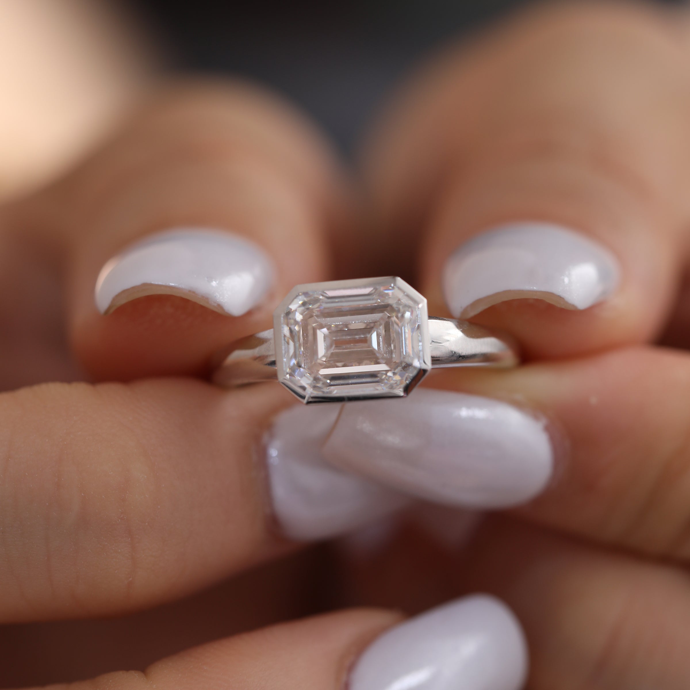 Platinum 3ct Antique Emerald Cut Lab Diamond Bezel Basket Solitaire Ring