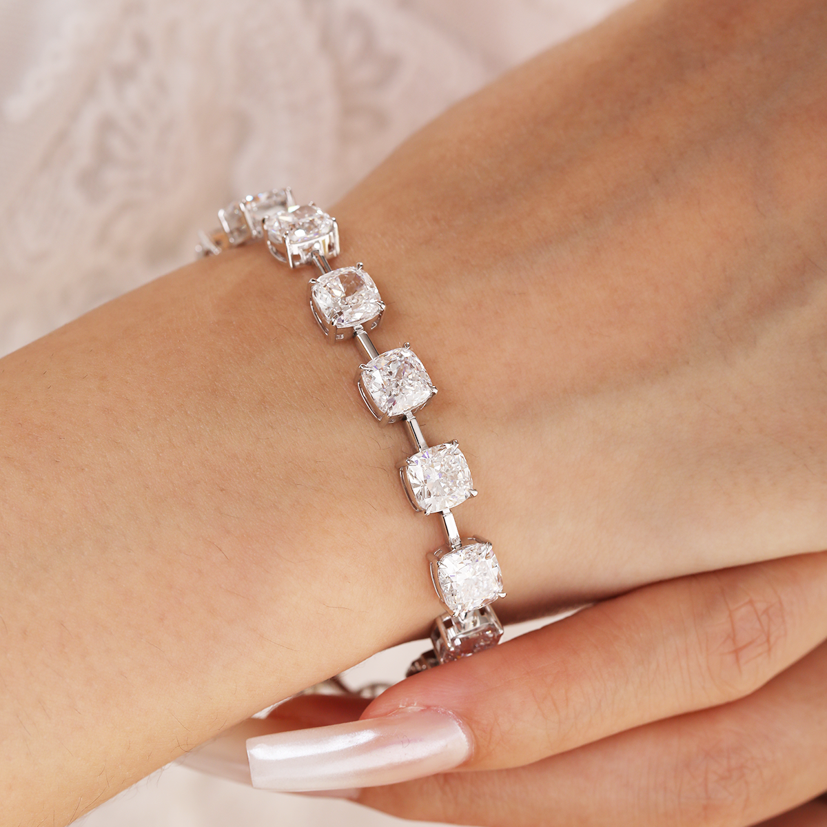 Platinum 24 ct tw Cushion Lab Diamond 4 Claw Prong Bakset Station Bracelet