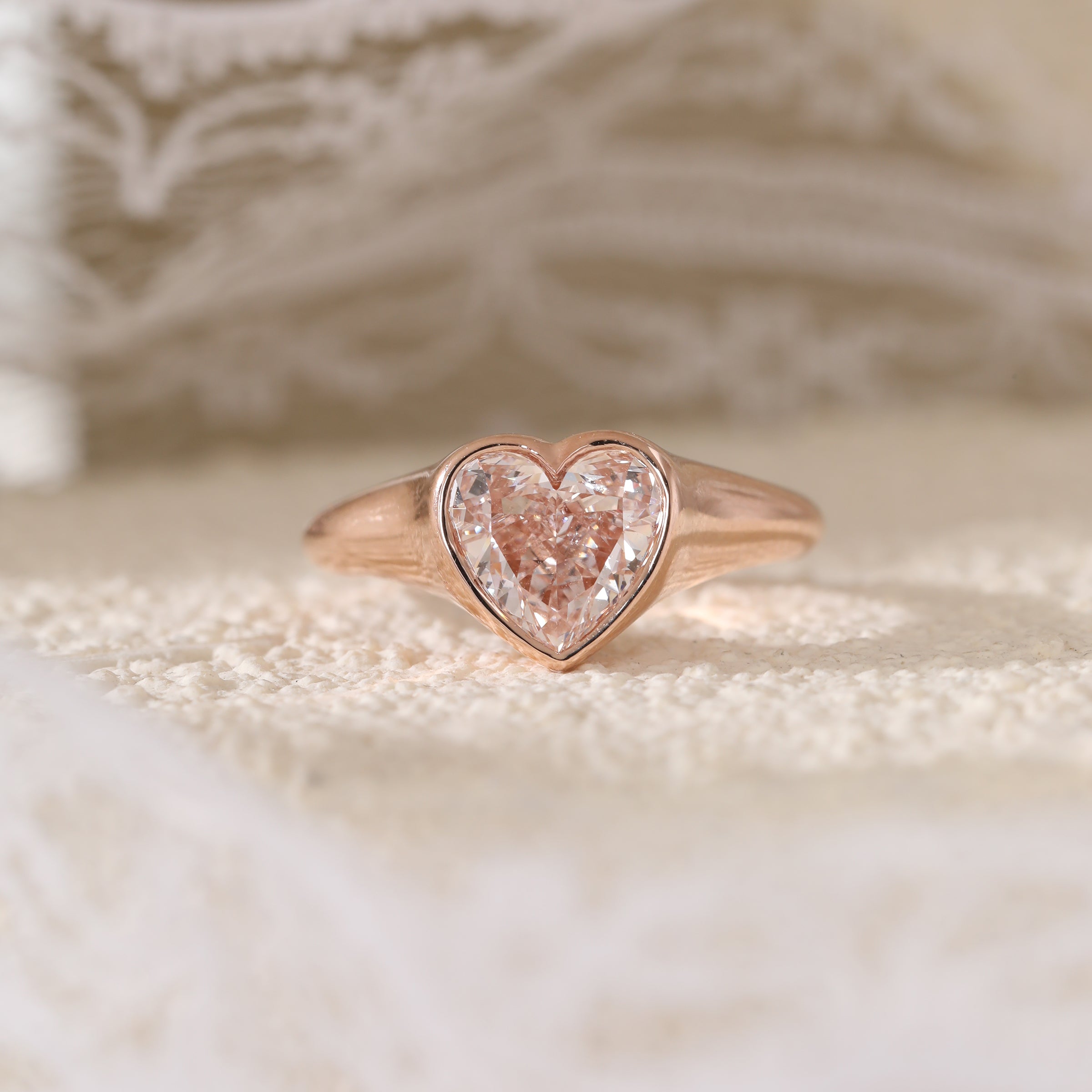14K Rose Gold 1ct Heart Cut Pink Lab Diamond Bezel Solitaire Ring