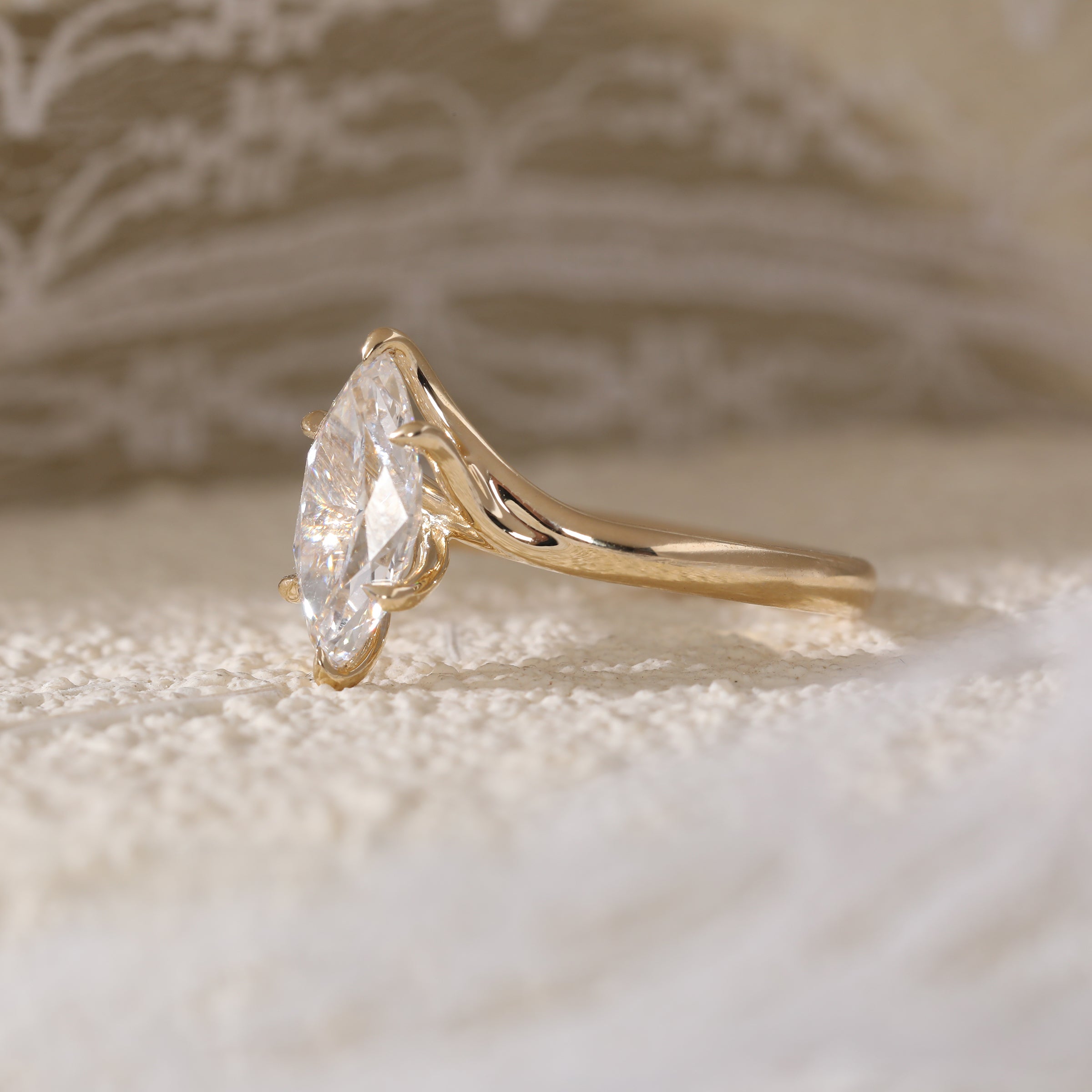 Marquise Cut Lab Diamond Six Claw Prongs Solitaire Ring — Art Nouveau Nature-Inspired