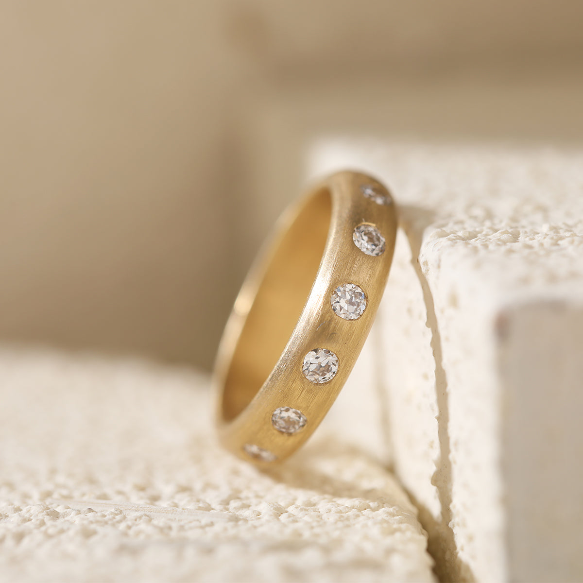 18K Yellow Gold Old European Cut Lab Diamond Matte Brushed Ring