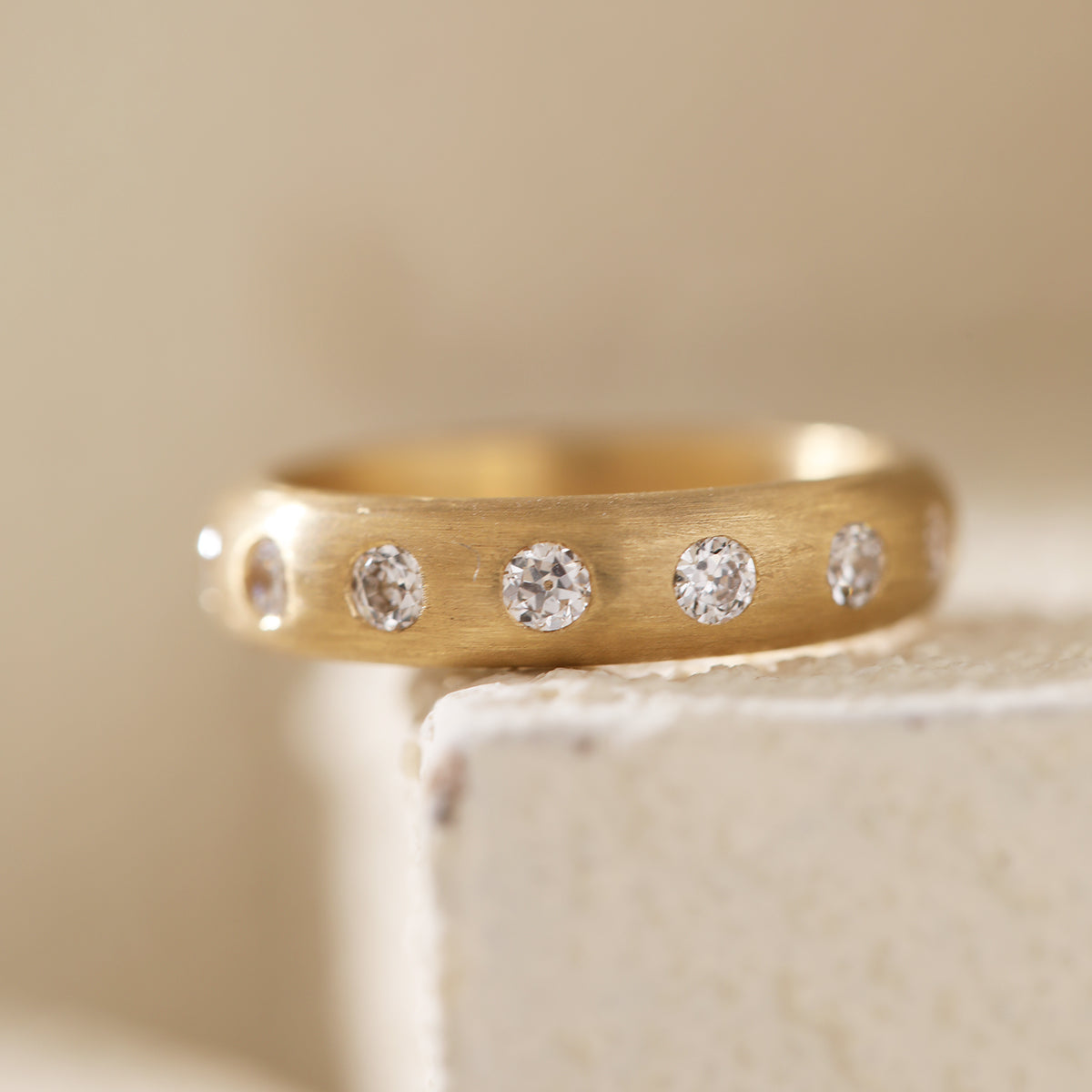18K Yellow Gold Old European Cut Lab Diamond Matte Brushed Ring