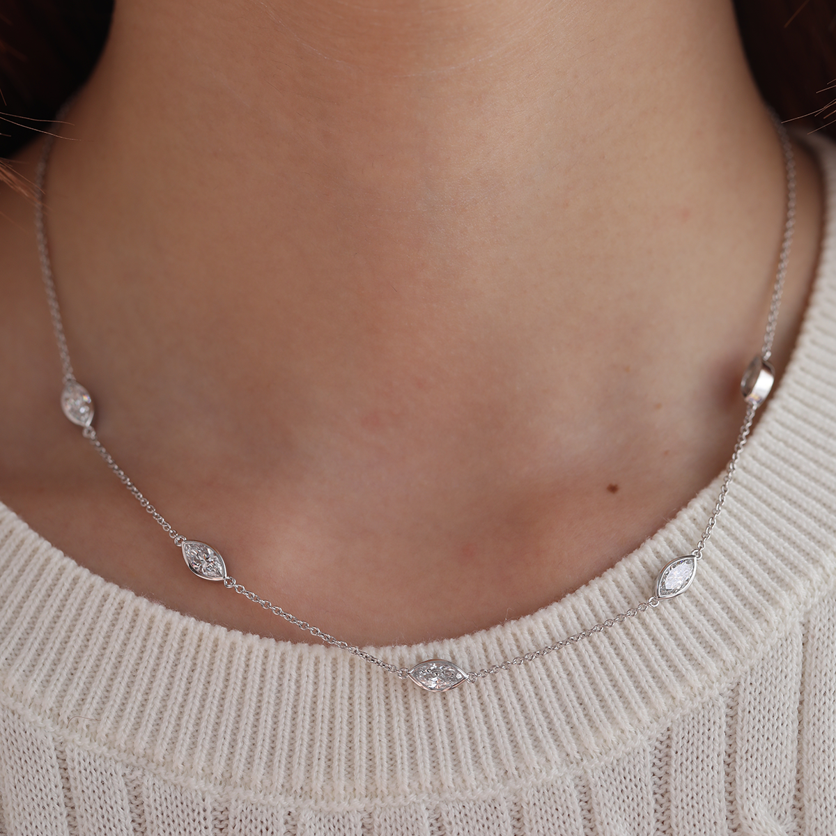 14K White Gold 2.5 ct tw Marquise Cut Lab Diamond Bezel 5-Stone Station Necklace