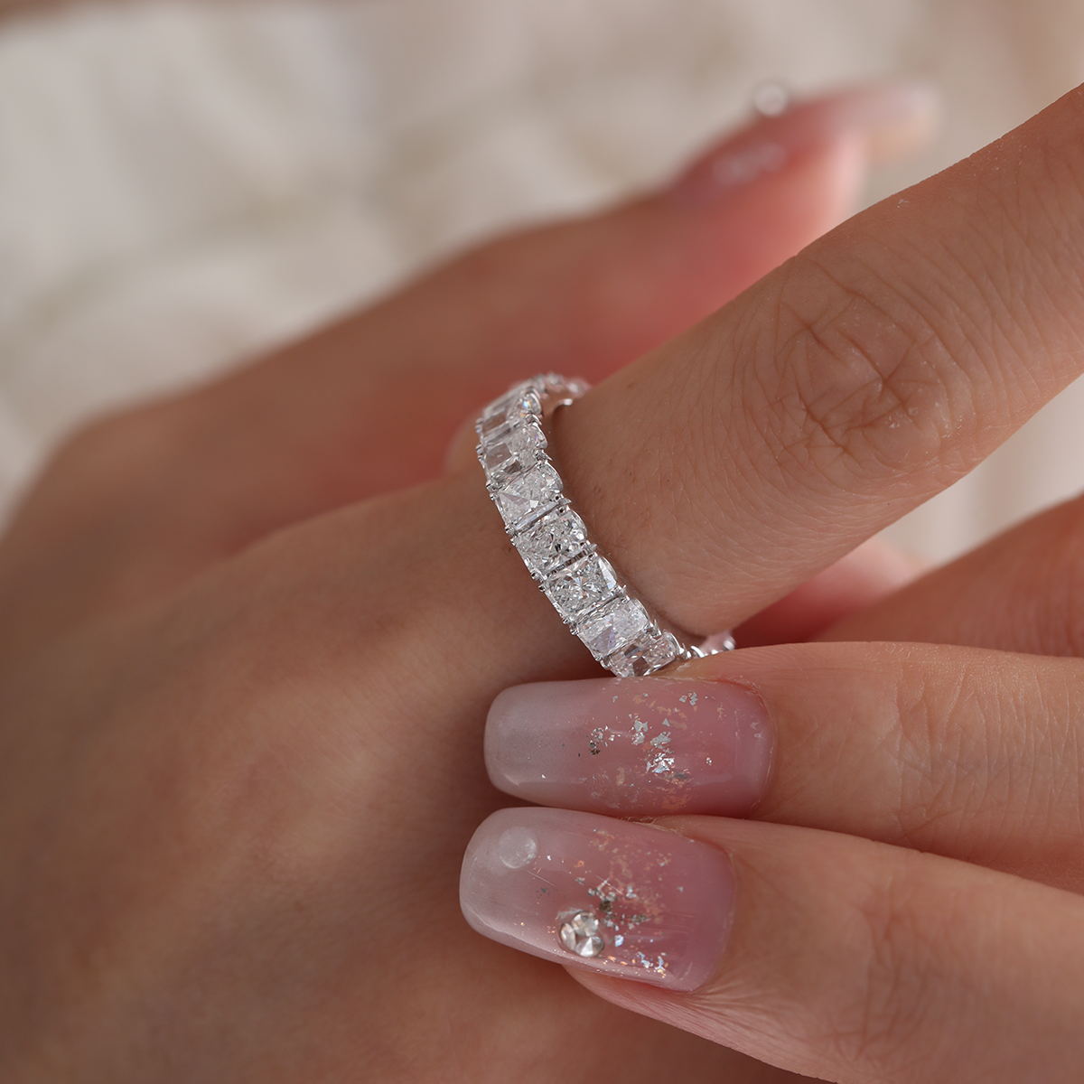 14K White Gold 4*3MM Radiant Cut Lab Diamond U Shaped Pave Eternity Band