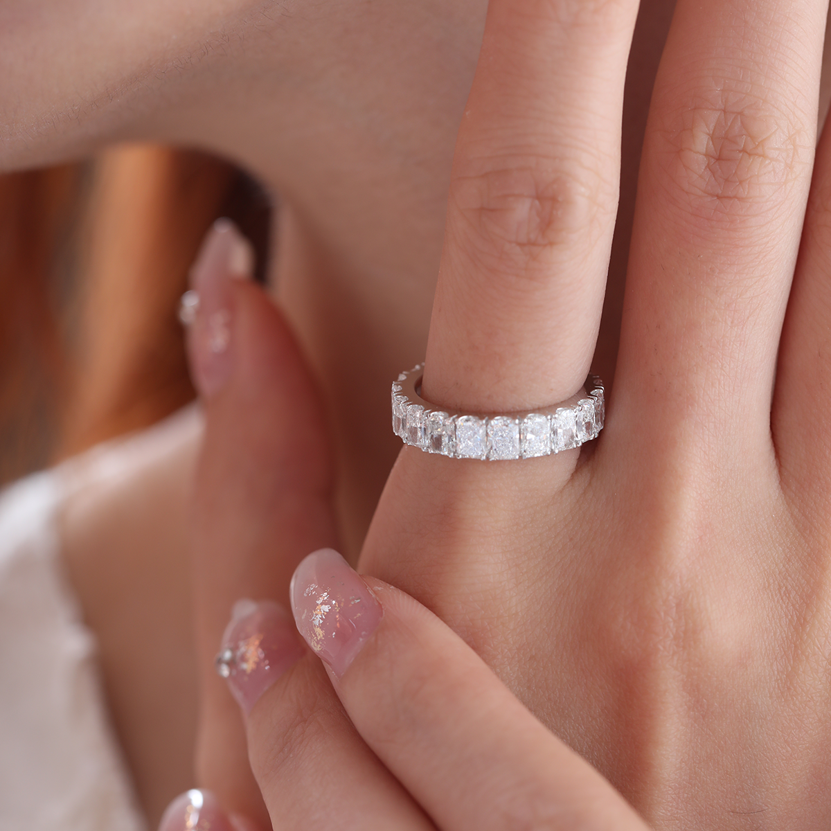 14K White Gold 4*3MM Radiant Cut Lab Diamond U Shaped Pave Eternity Band