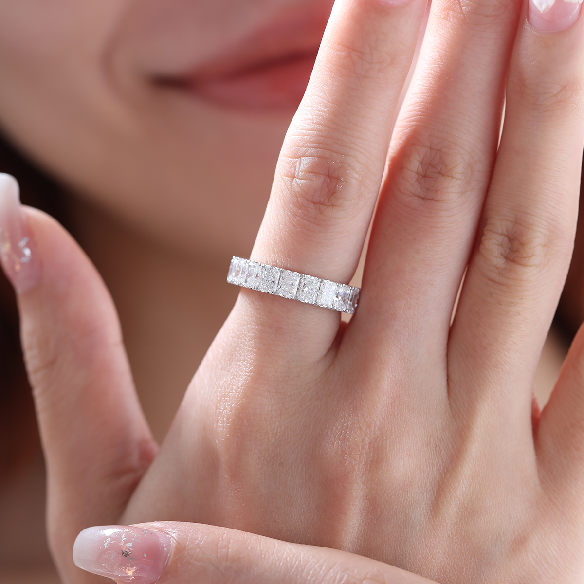 14K White Gold 4*3MM Radiant Cut Lab Diamond U Shaped Pave Eternity Band