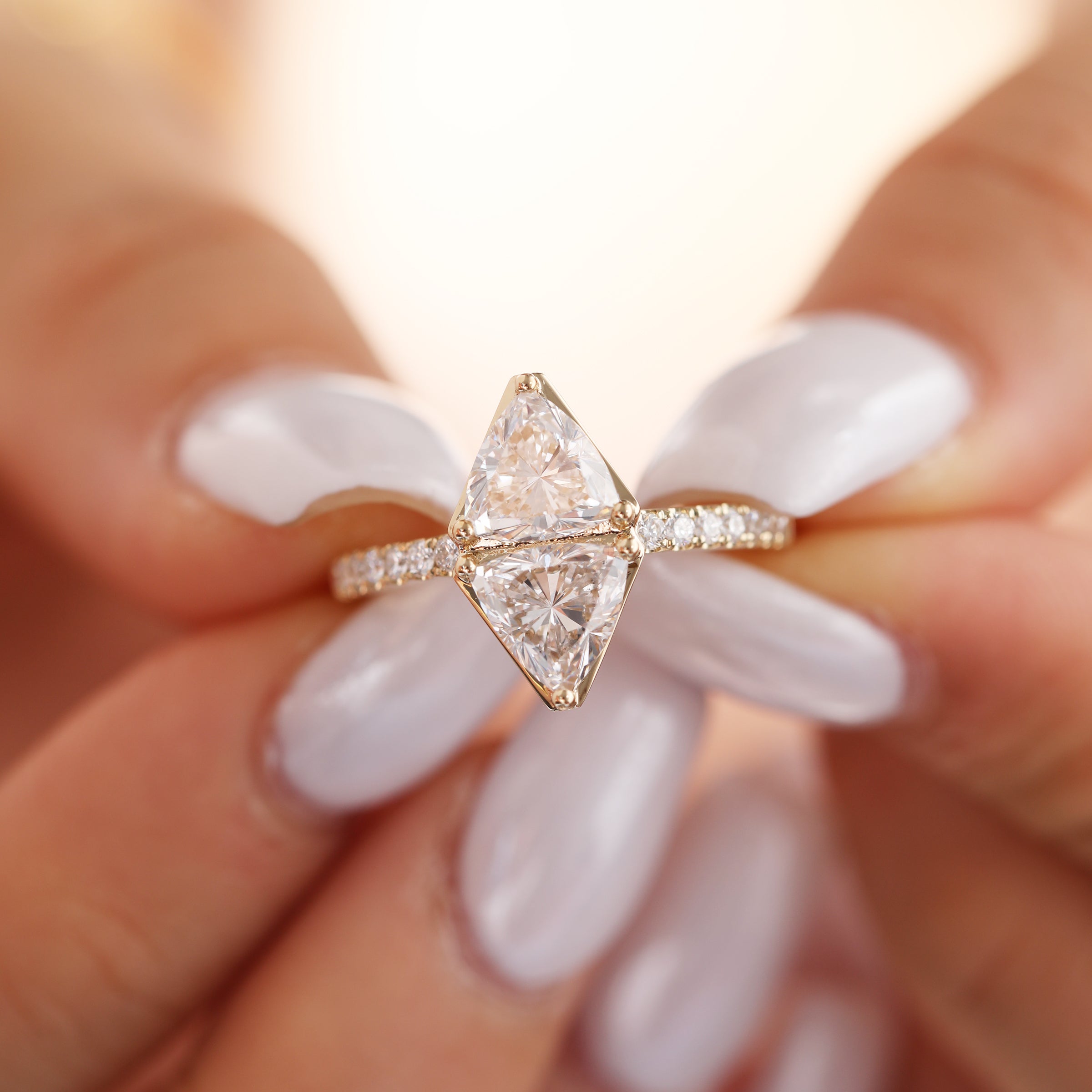 7mm Trillion Cut Lab Diamond Toi et Moi Ring with Half Eternity Pave