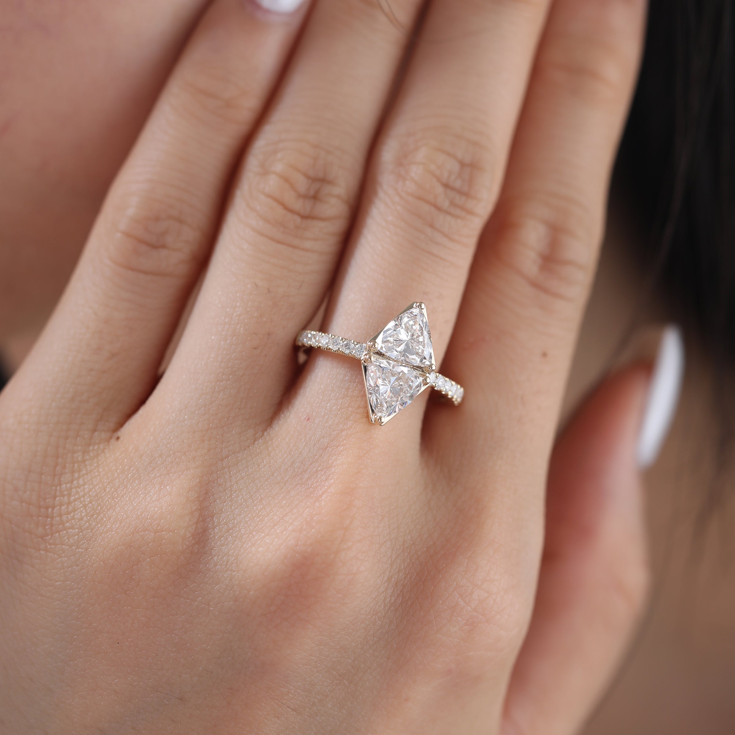 7mm Trillion Cut Lab Diamond Toi et Moi Ring with Half Eternity Pave