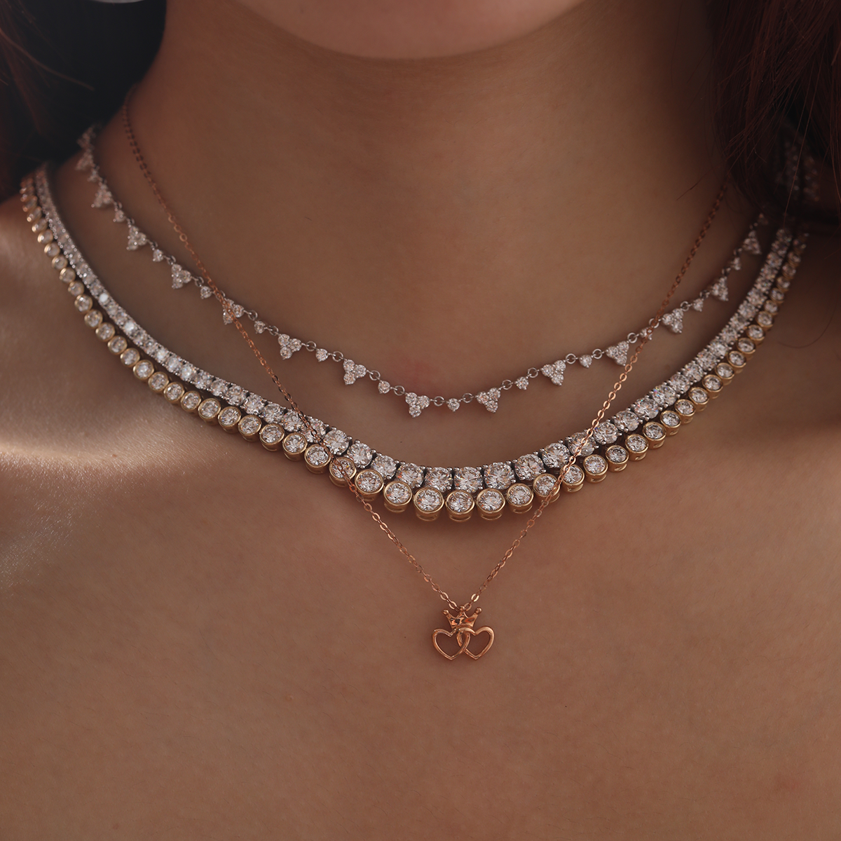 14K Rose Gold Toi et Moi Heart Shape and Crown Pendant Necklace