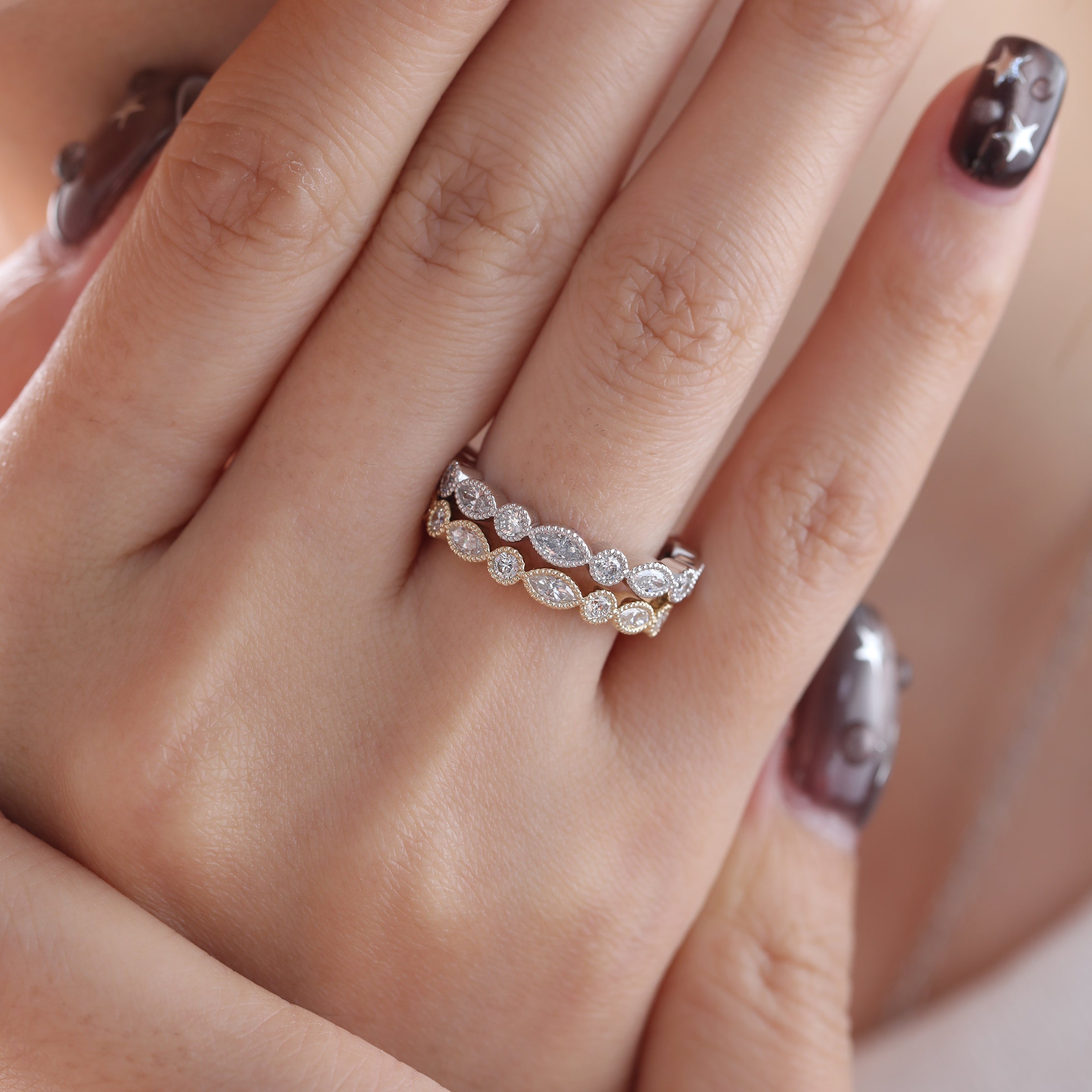 2mm Round and 4*2mm Marquise Cut Lab Diamond Millegrain Bezel Eternity Ring