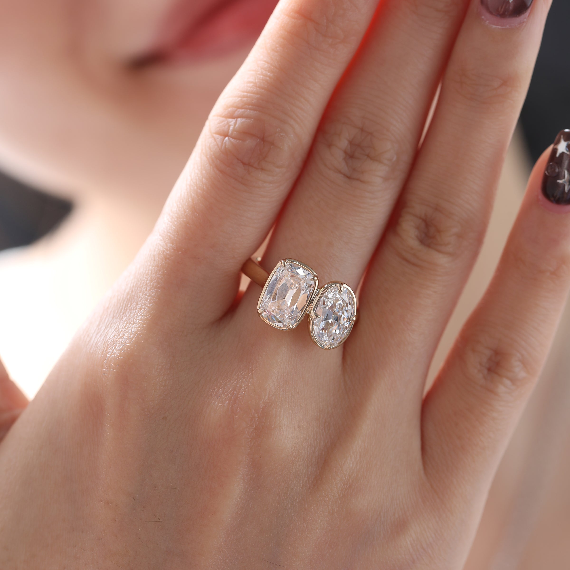 14K Yellow Gold 2.5ct Elongated Old Mine Cut and 2ct Oval Old Mine Cut Lab Diamond Prong Bezel Toi et Moi Ring