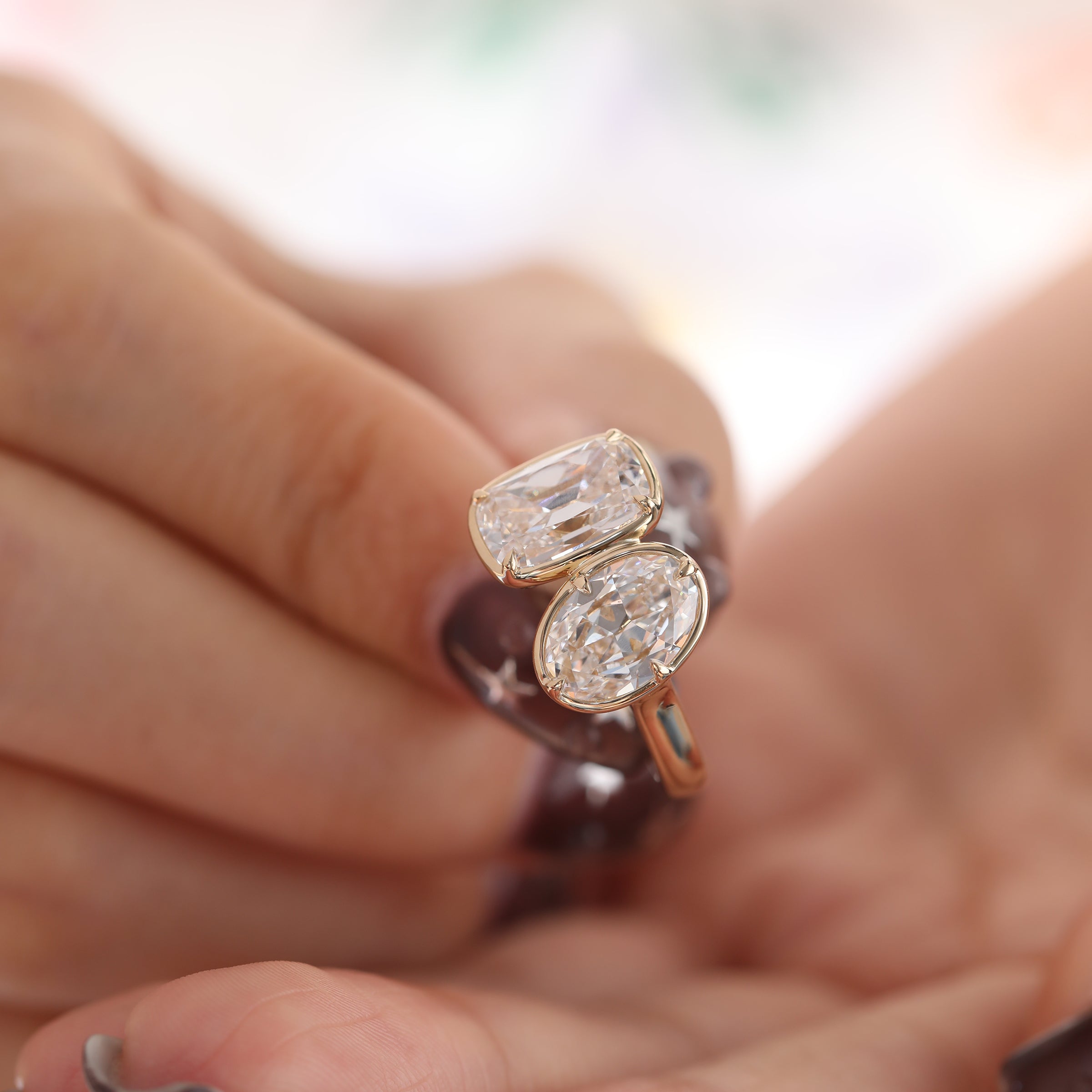 14K Yellow Gold 2.5ct Elongated Old Mine Cut and 2ct Oval Old Mine Cut Lab Diamond Prong Bezel Toi et Moi Ring