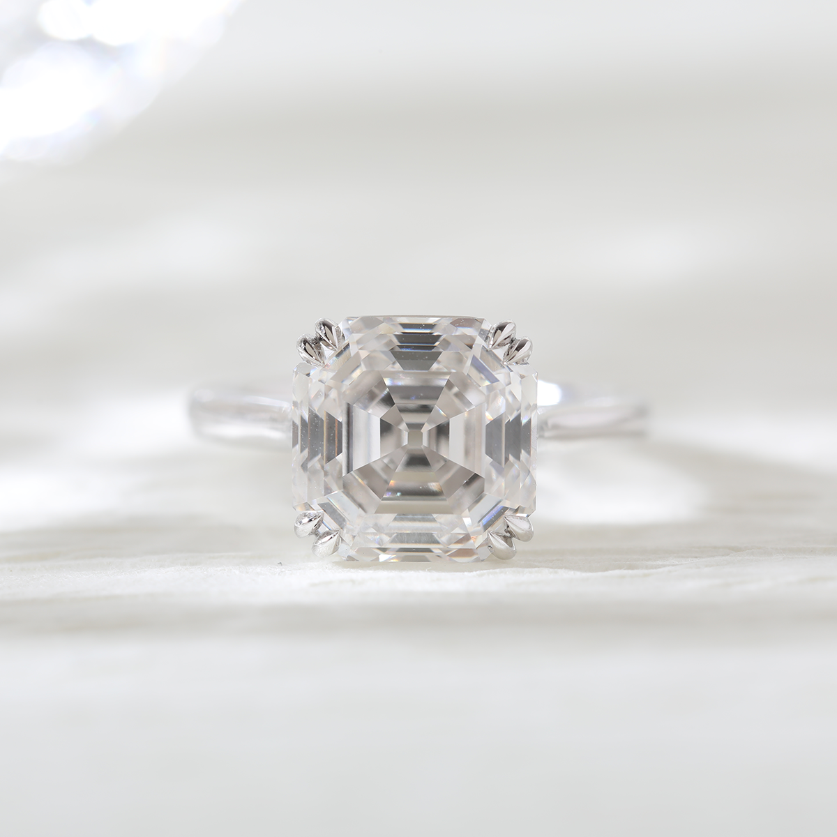 Platinum 5ct Antique Asscher Cut Lab Diamond Double Claw Prong Basket Solitaire Ring