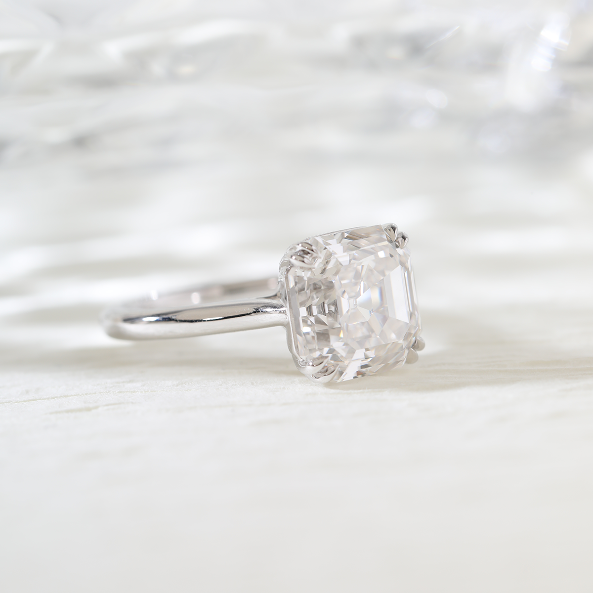 Platinum 5ct Antique Asscher Cut Lab Diamond Double Claw Prong Basket Solitaire Ring