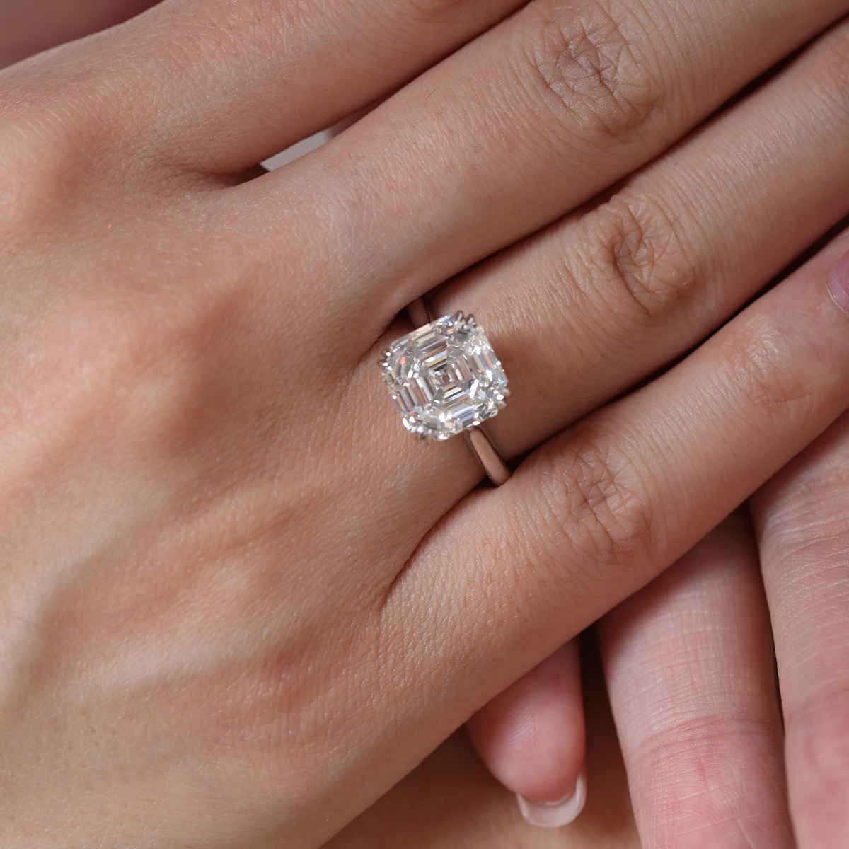 Platinum 5ct Antique Asscher Cut Lab Diamond Double Claw Prong Basket Solitaire Ring