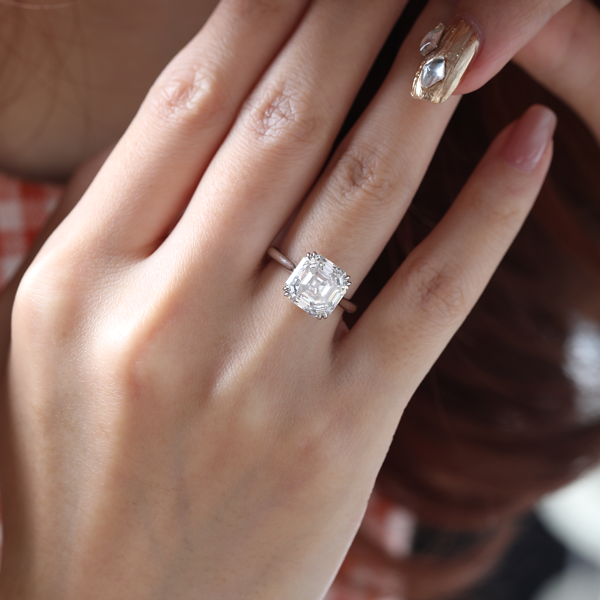 Platinum 5ct Antique Asscher Cut Lab Diamond Double Claw Prong Basket Solitaire Ring
