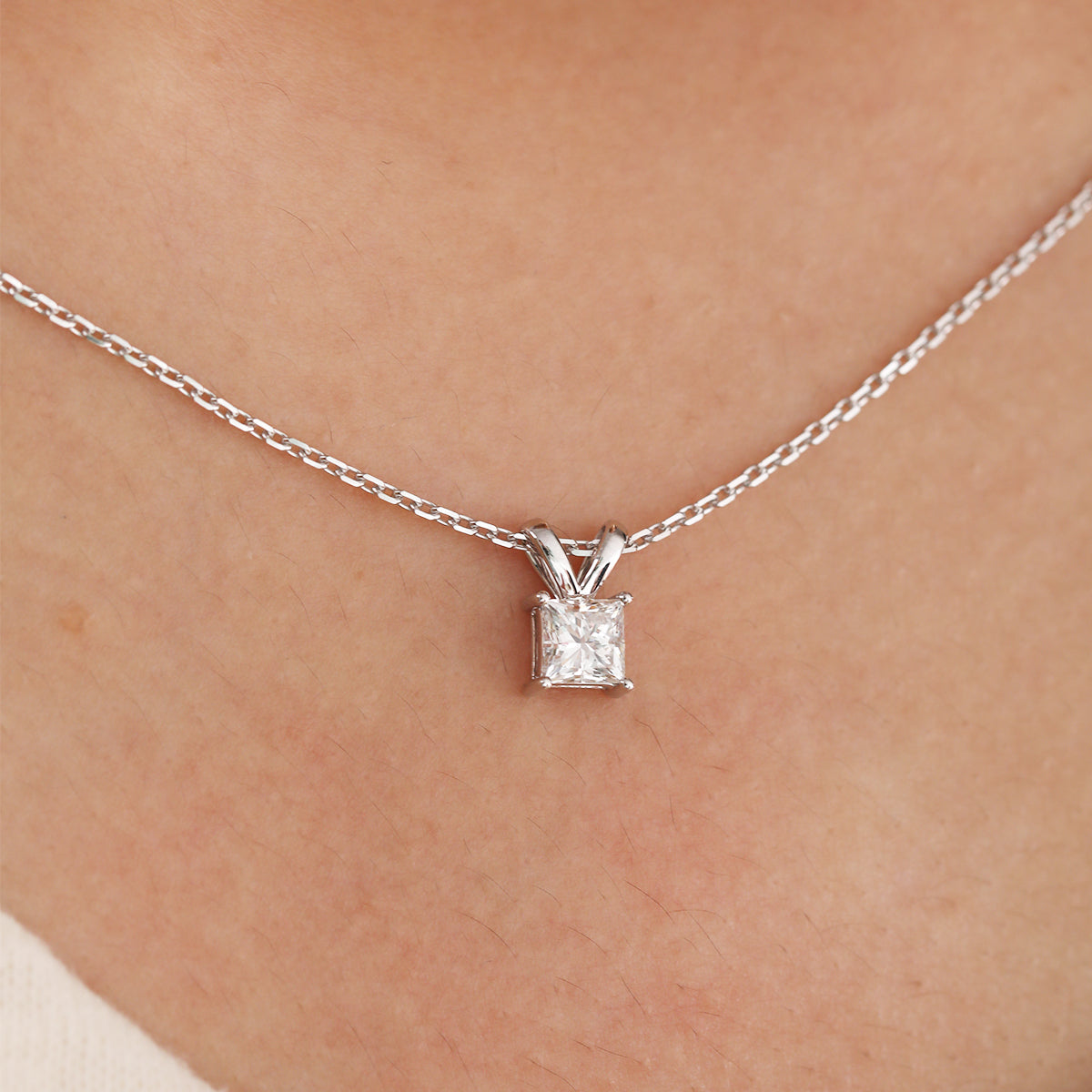 14K White Gold Princess Cut Lab diamond 4 Prong Basket Pendant Necklace