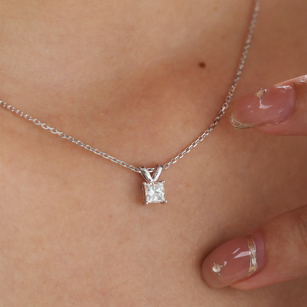 14K White Gold Princess Cut Lab diamond 4 Prong Basket Pendant Necklace