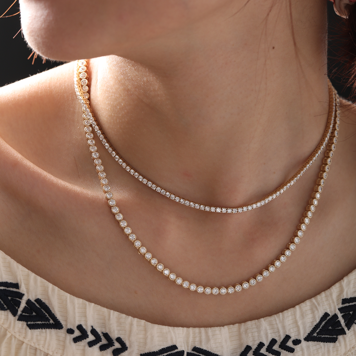 14K Yellow Gold 2.6mm Round Brilliant Cut Lab Diamond Millegrain Bezel Tennis Chain Necklace