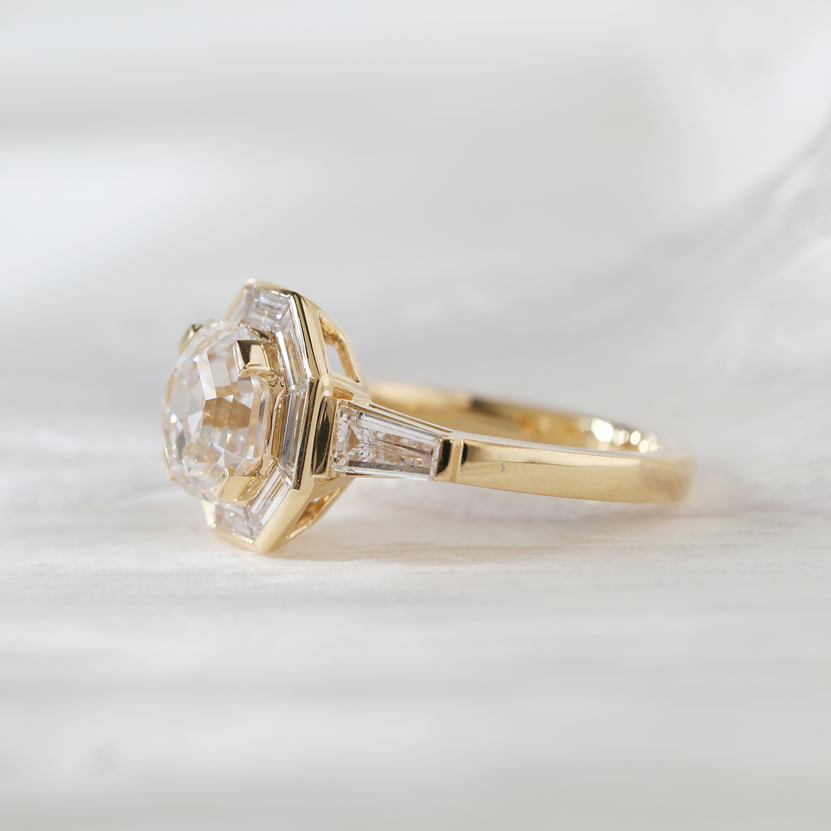 18K Yellow Gold 3ct Antique Bagua-shaped Step Cut Lab Diamond Ring with Tapered Step Cut Lab Diamond Halo and Two Tapered Baguette Cut Side-stone