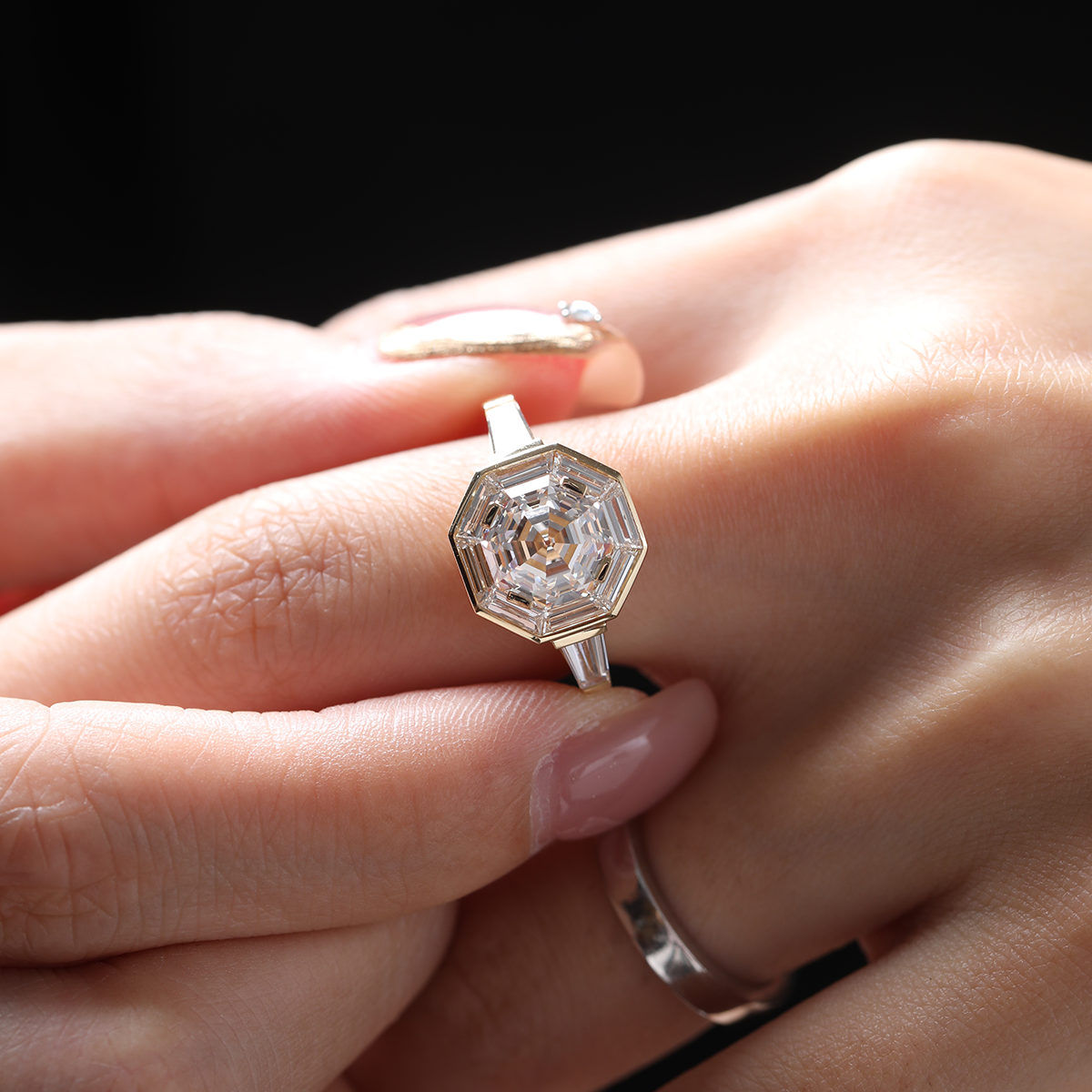 18K Yellow Gold 3ct Antique Bagua-shaped Step Cut Lab Diamond Ring with Tapered Step Cut Lab Diamond Halo and Two Tapered Baguette Cut Side-stone
