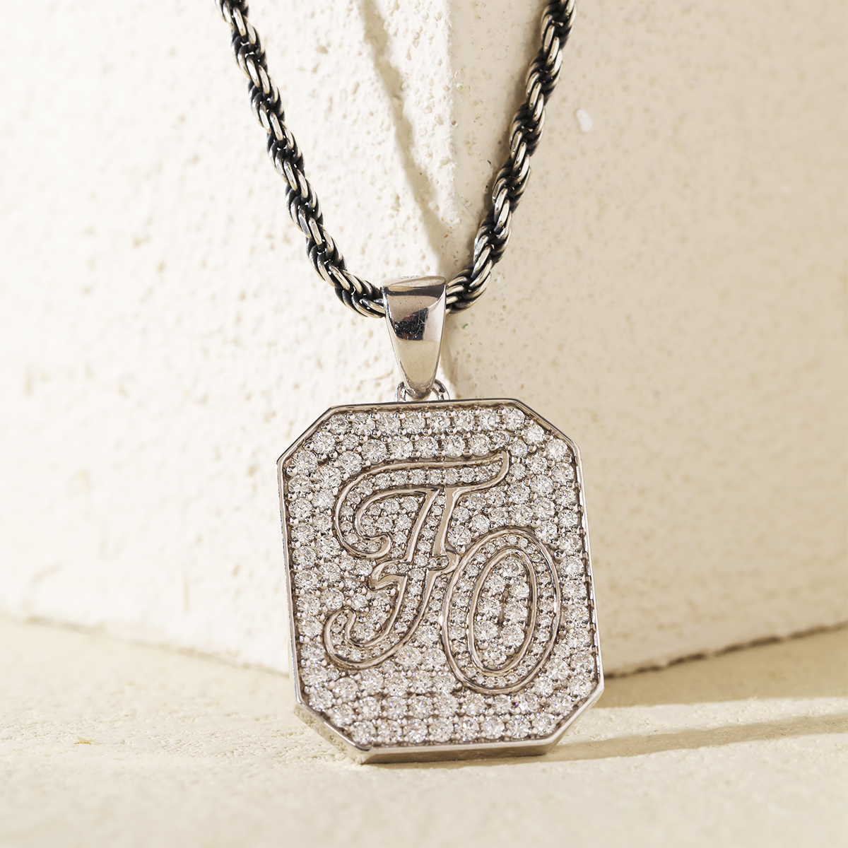 14K White Gold Palm Pendant Necklace with Round Lab Diamond Pave