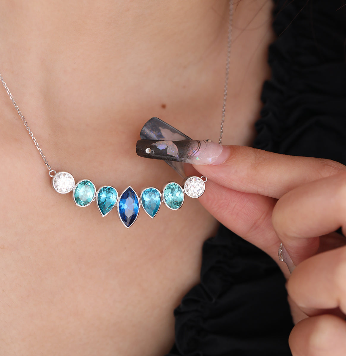 14K White Gold Fancy Shape Gems Bezel Pendant Necklace