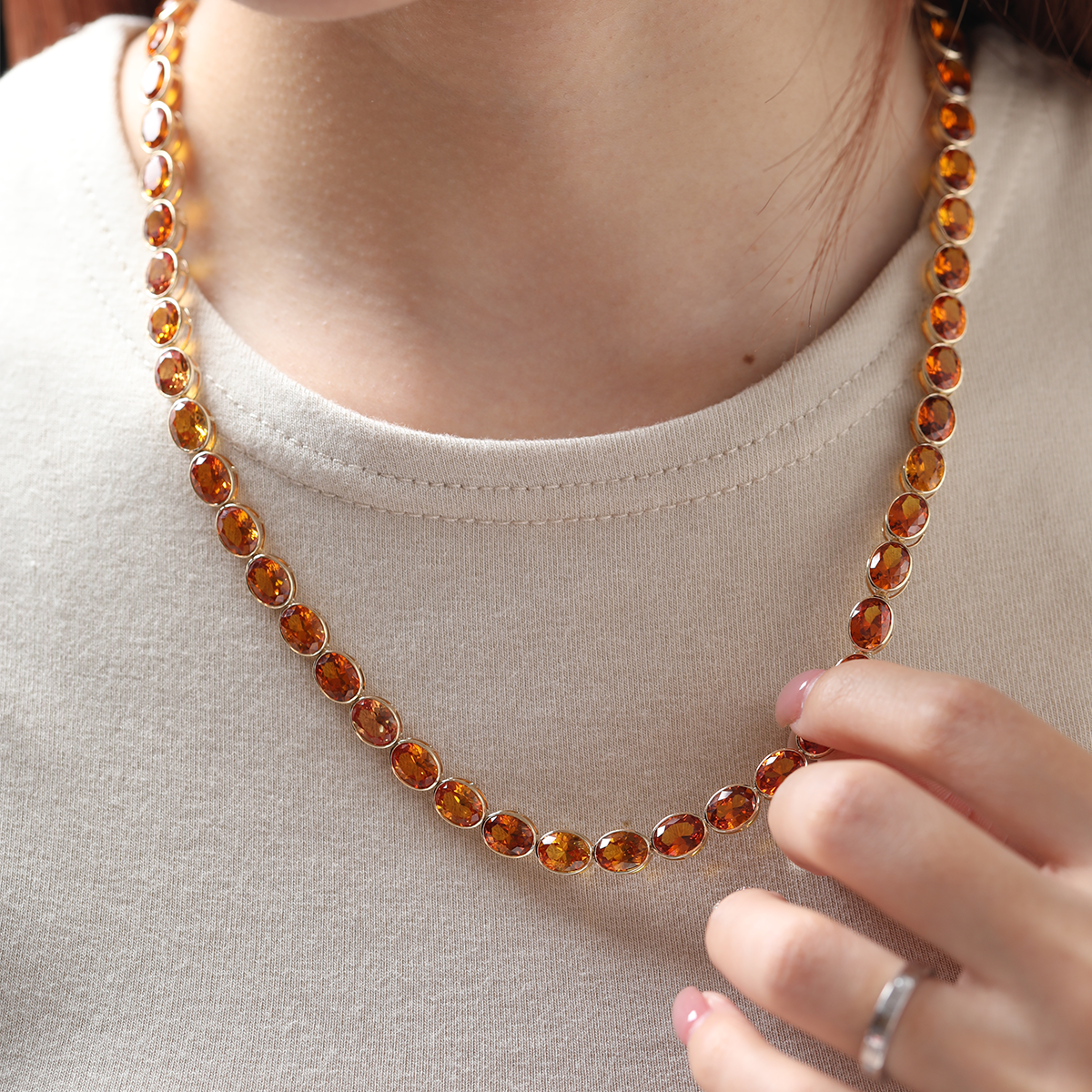 14K Yellow Gold Oval Lab Orange Sapphire Bezel Tennis Necklace with Adjustable Chain
