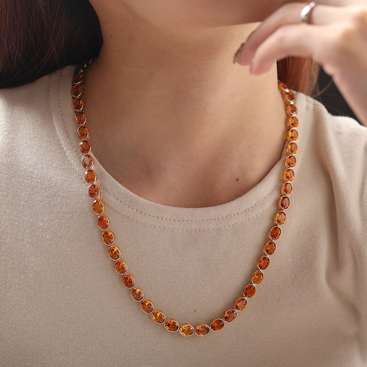 14K Yellow Gold Oval Lab Orange Sapphire Bezel Tennis Necklace with Adjustable Chain
