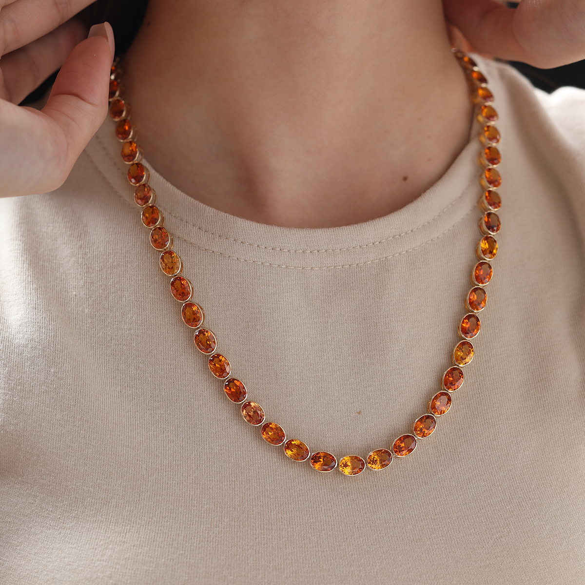 14K Yellow Gold Oval Lab Orange Sapphire Bezel Tennis Necklace with Adjustable Chain