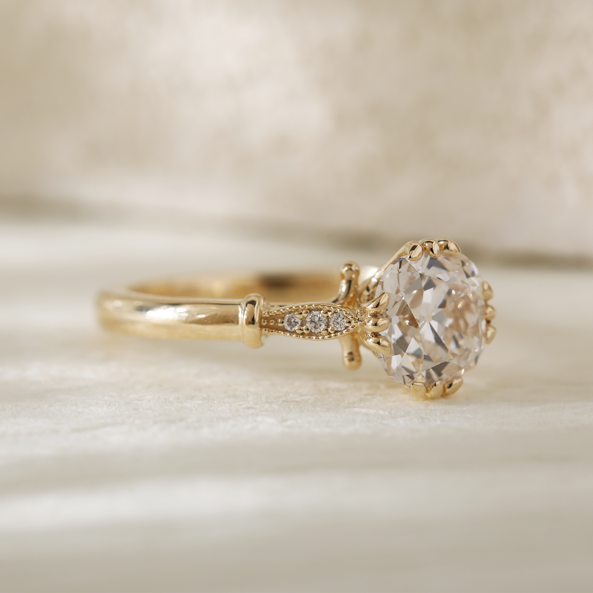 14K Yellow Gold 1.5ct Old Mine Cut Lab Grown Diamond Triple Prong Floral Basket Setting Vintage Ring – Art Nouveau Nature-Inspired Design