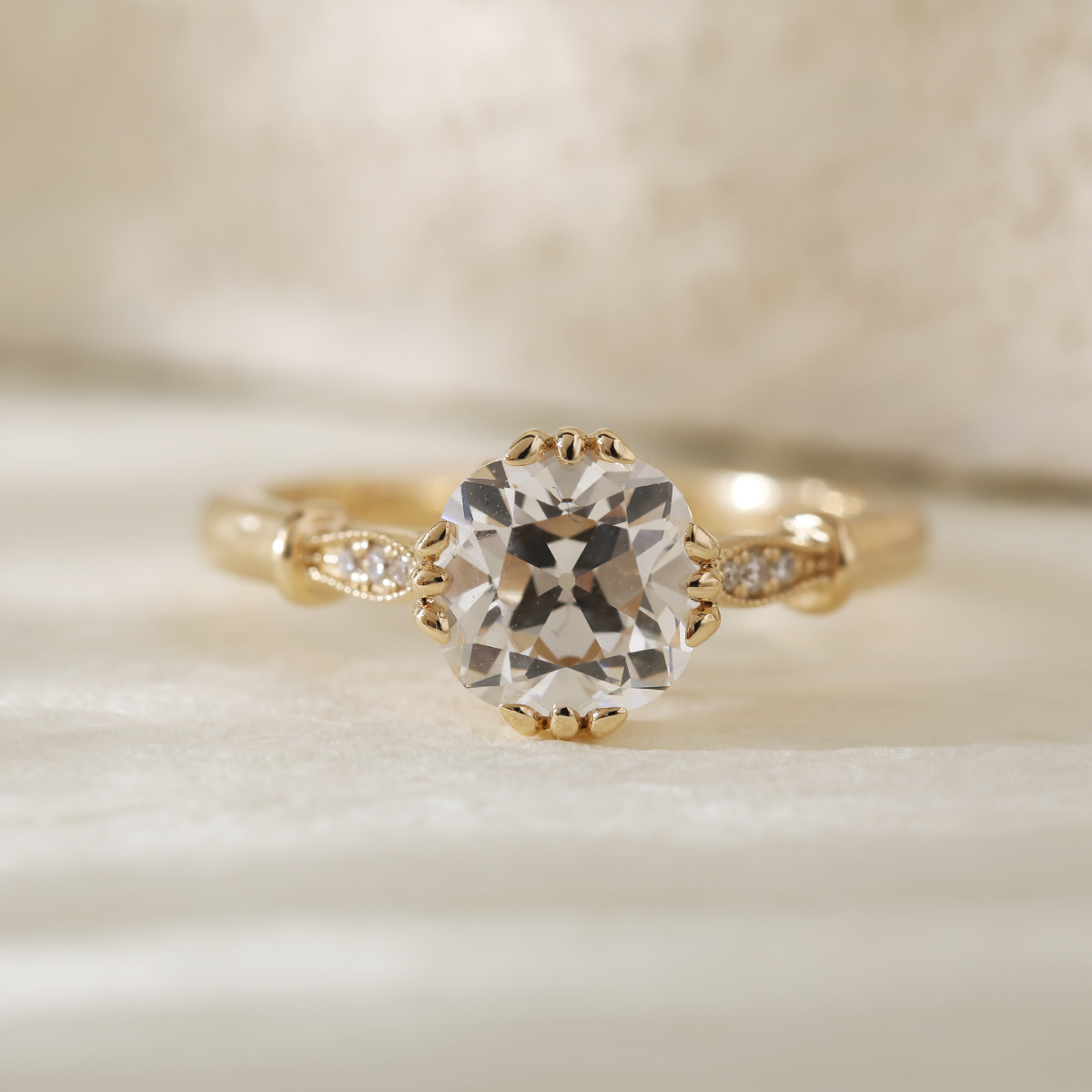 14K Yellow Gold 1.5ct Old Mine Cut Lab Grown Diamond Triple Prong Floral Basket Setting Vintage Ring – Art Nouveau Nature-Inspired Design