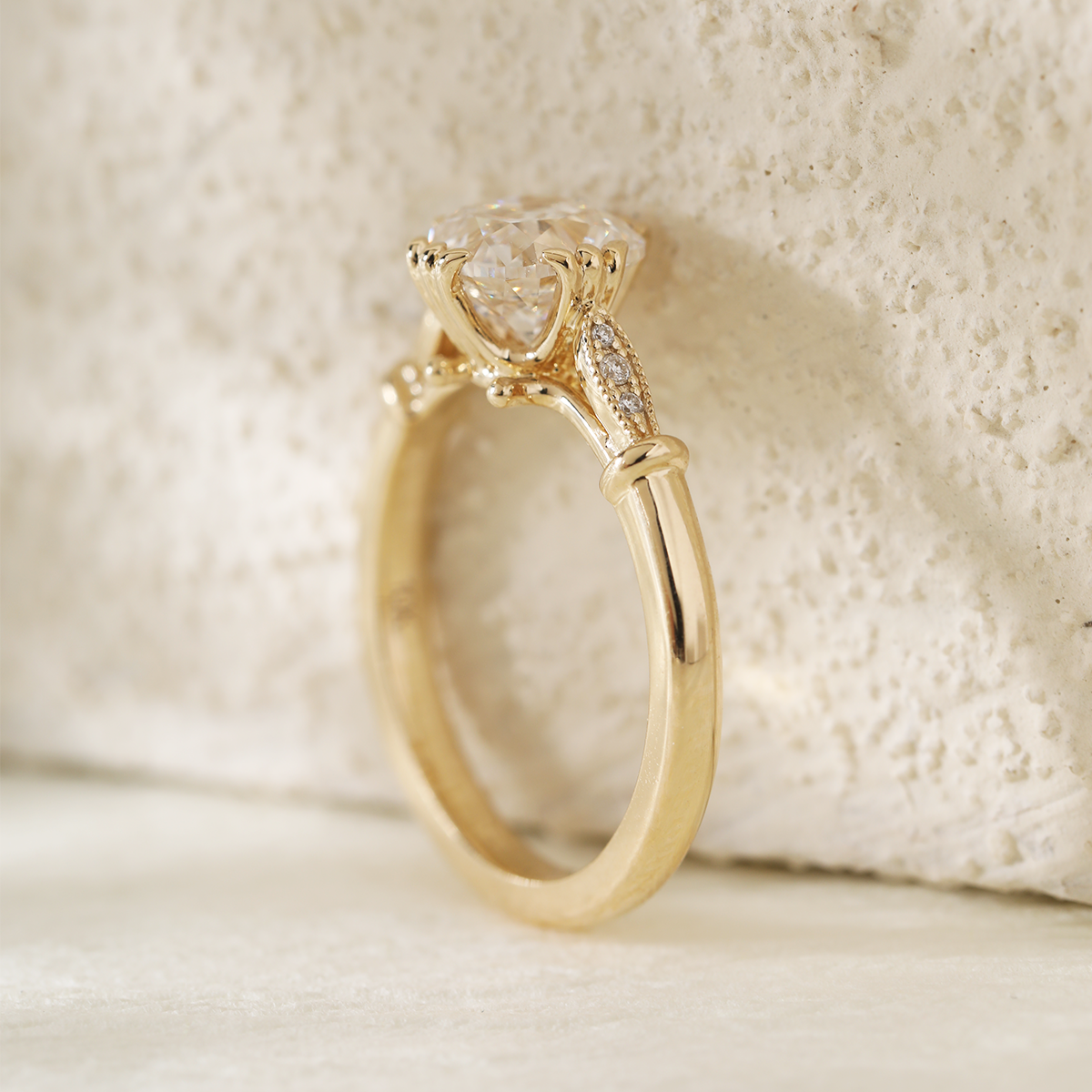 14K Yellow Gold 1.5ct Old Mine Cut Lab Grown Diamond Triple Prong Floral Basket Setting Vintage Ring – Art Nouveau Nature-Inspired Design