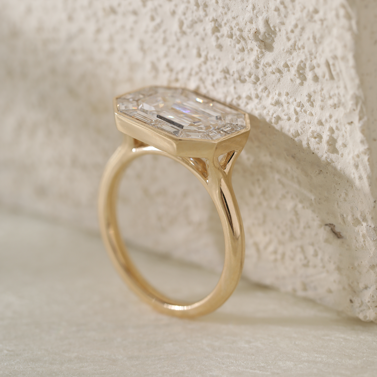 14K Yellow Gold 2.5ct Antique Emerald Cut Lab Diamond Ring with Tapered Step Cut Lab Diamond Halo