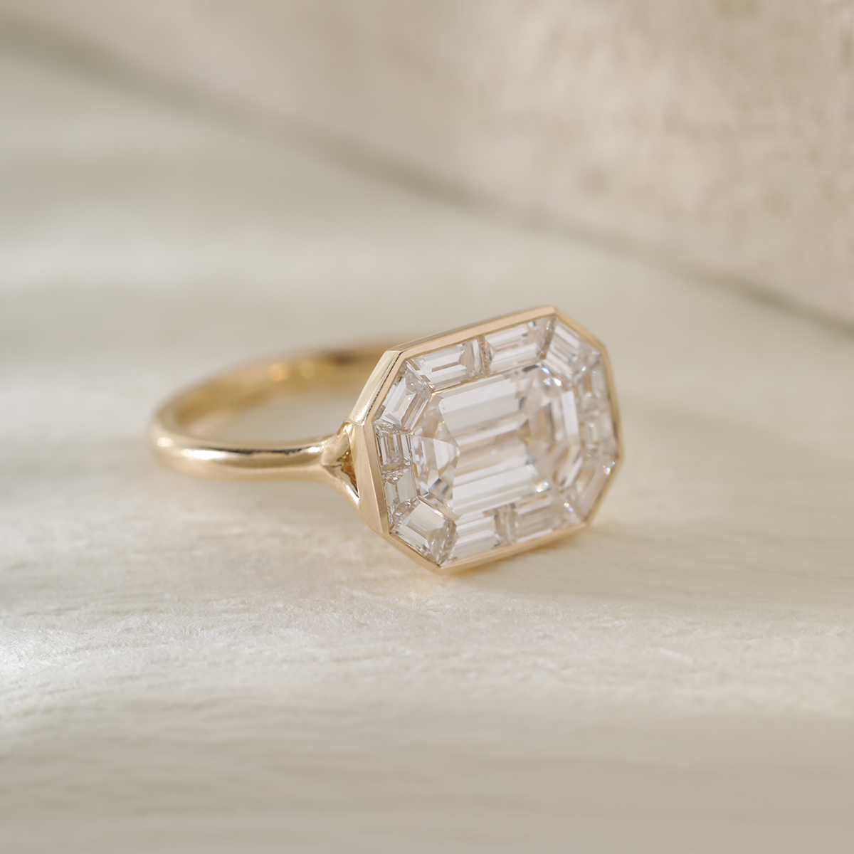 14K Yellow Gold 2.5ct Antique Emerald Cut Lab Diamond Ring with Tapered Step Cut Lab Diamond Halo