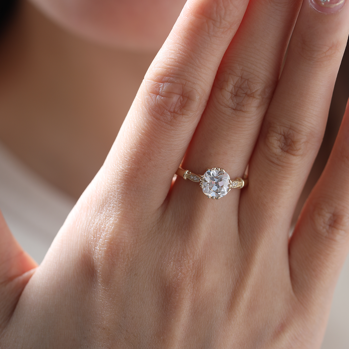 14K Yellow Gold 1.5ct Old Mine Cut Lab Grown Diamond Triple Prong Floral Basket Setting Vintage Ring – Art Nouveau Nature-Inspired Design