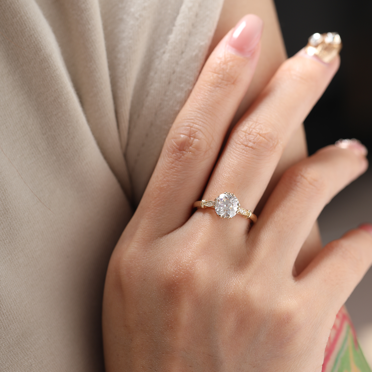 14K Yellow Gold 1.5ct Old Mine Cut Lab Grown Diamond Triple Prong Floral Basket Setting Vintage Ring – Art Nouveau Nature-Inspired Design