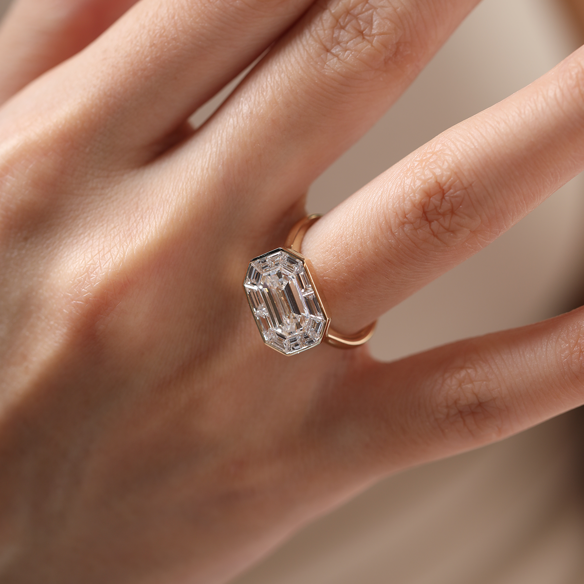 14K Yellow Gold 2.5ct Antique Emerald Cut Lab Diamond Ring with Tapered Step Cut Lab Diamond Halo