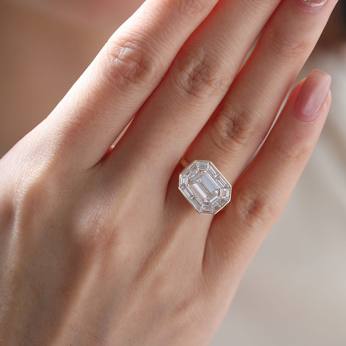 14K Yellow Gold 2.5ct Antique Emerald Cut Lab Diamond Ring with Tapered Step Cut Lab Diamond Halo