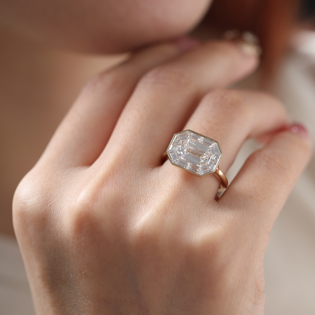 14K Yellow Gold 2.5ct Antique Emerald Cut Lab Diamond Ring with Tapered Step Cut Lab Diamond Halo