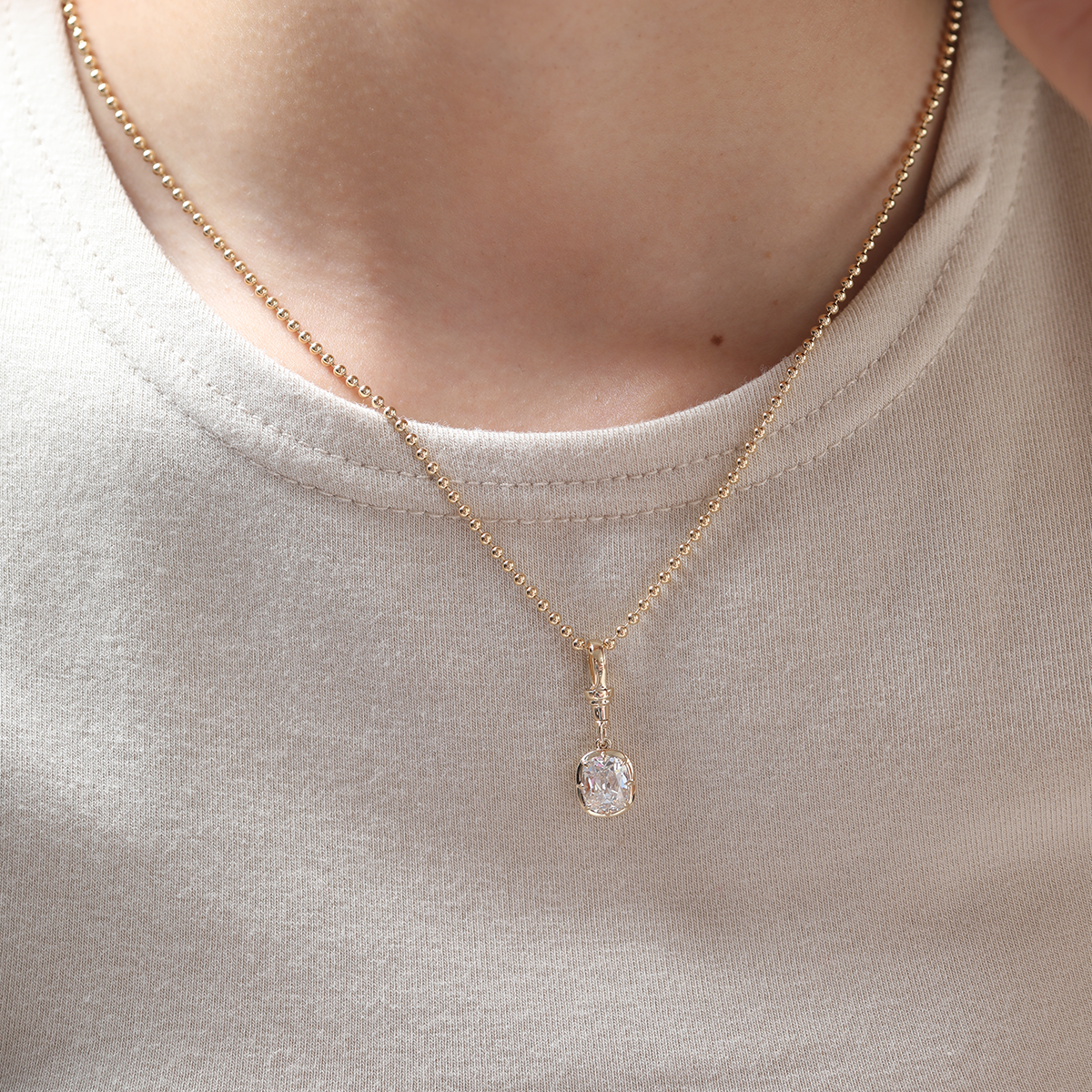 14K Yellow Gold 2ct Elongated Old Mine Cut Lab Diamond Bezel Pendant Necklace with Cross Chain