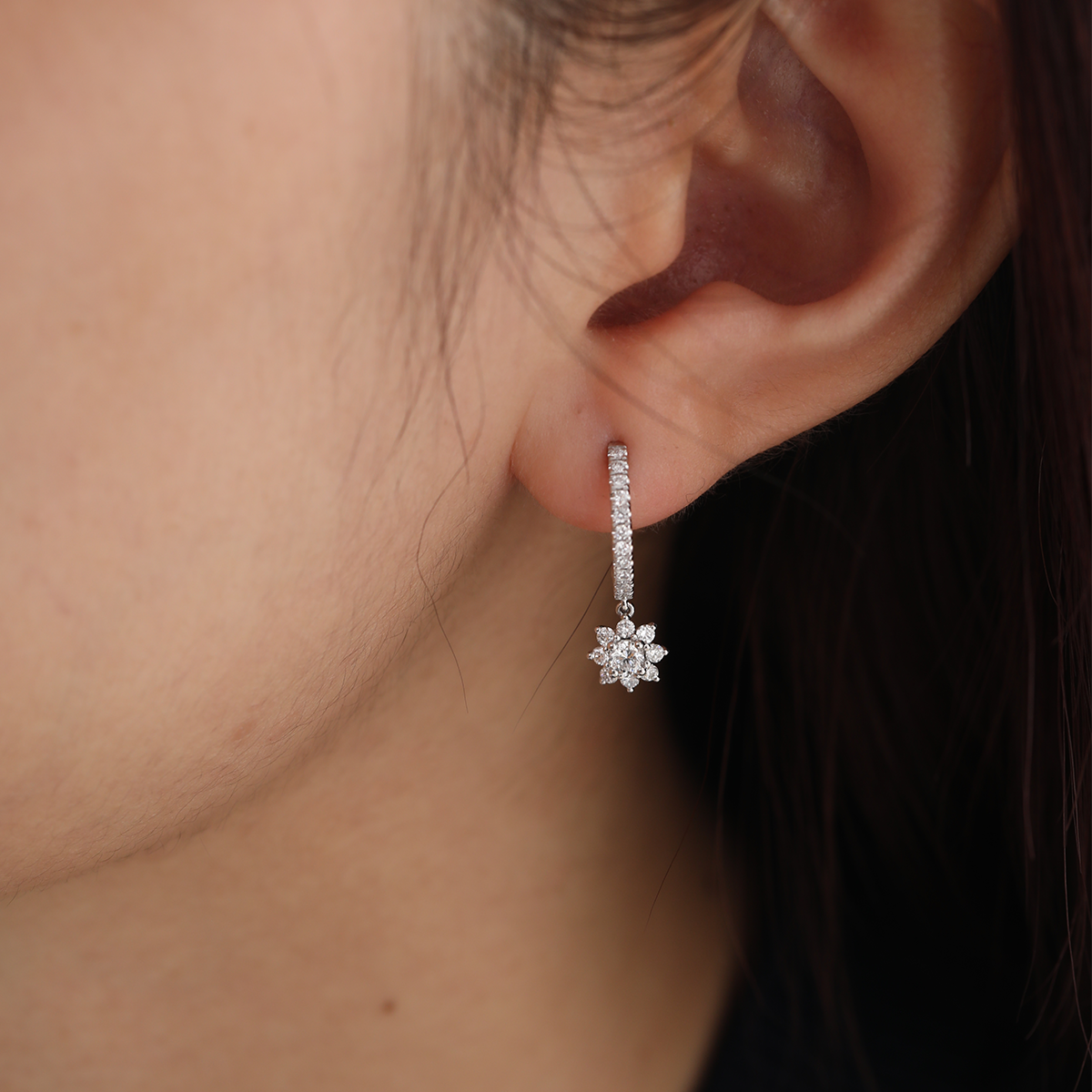 Platinum Round Lab Diamond Floral Hoop Earrings