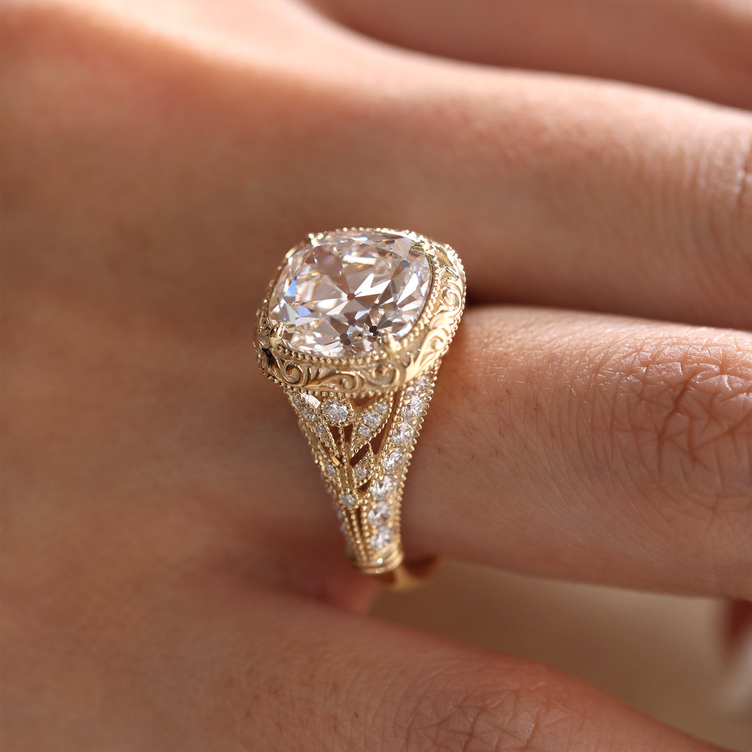 Old Mine-Cut Lab Diamond Antique-Inspired Ring with Pavé Diamond Accents