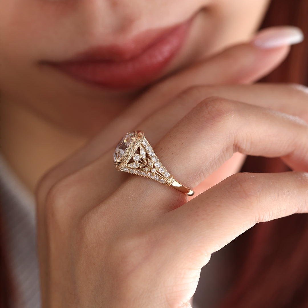 Old Mine-Cut Lab Diamond Antique-Inspired Ring with Pavé Diamond Accents